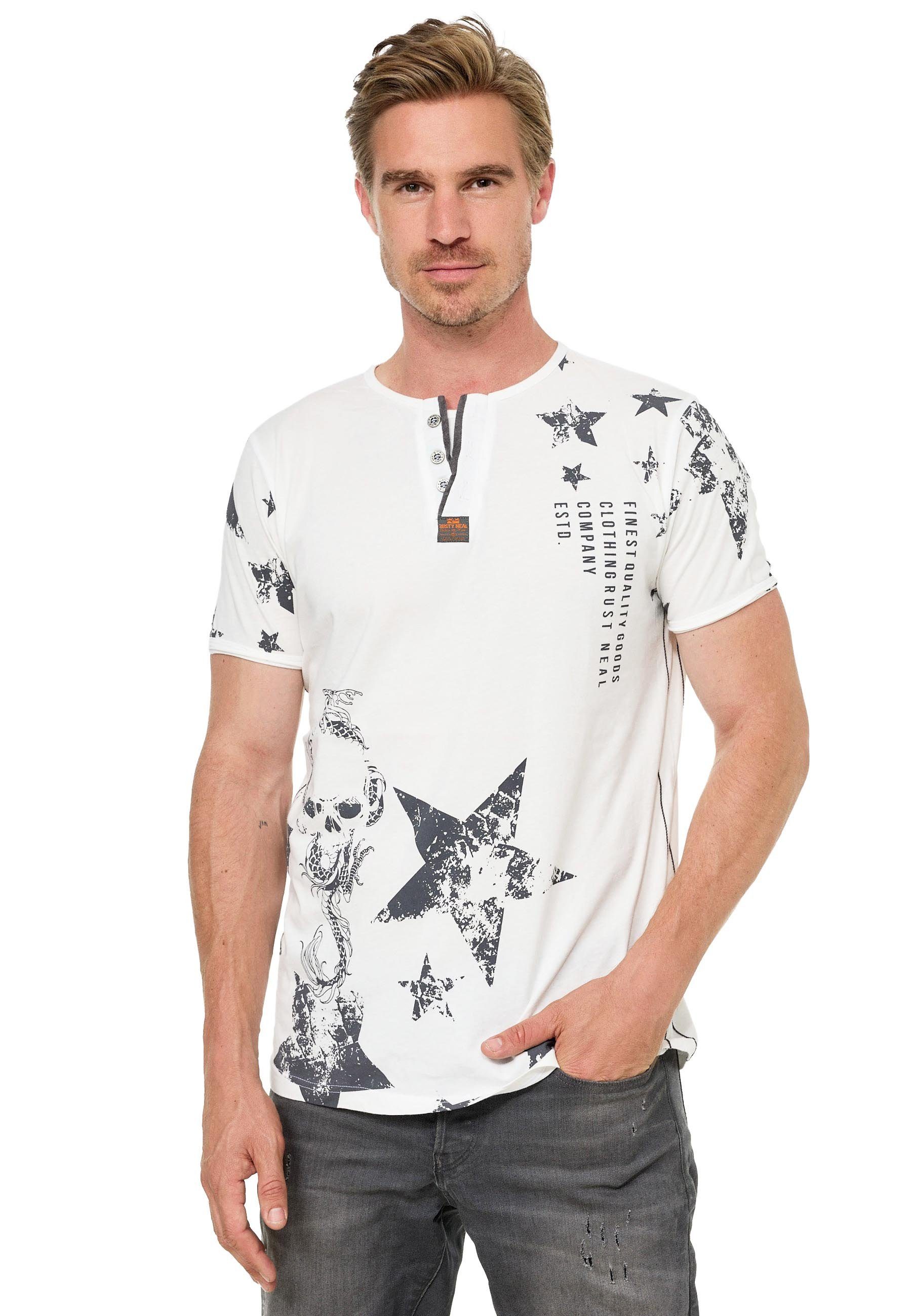 Rusty Neal T-Shirt mit Skull-Print und Knopleiste weiß