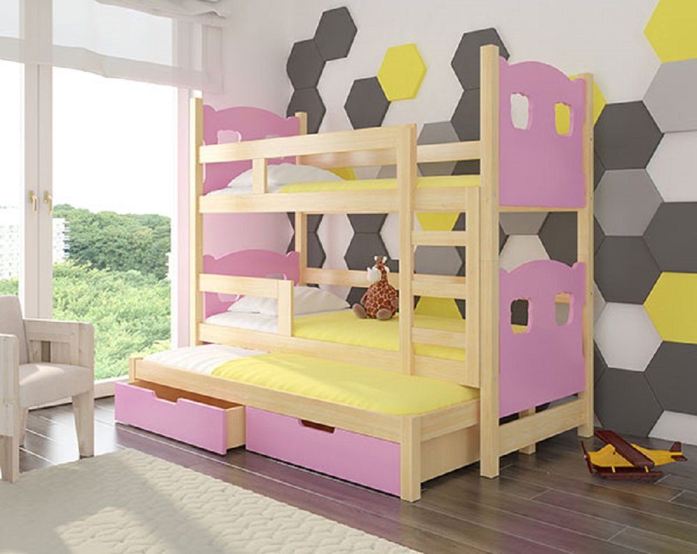Feldmann-Wohnen Hochbett LETICIA (Etagenbett mit 3 Schlafgelegenheiten) Farbe wählbar Kiefer Natur / Absetzungen: rosa