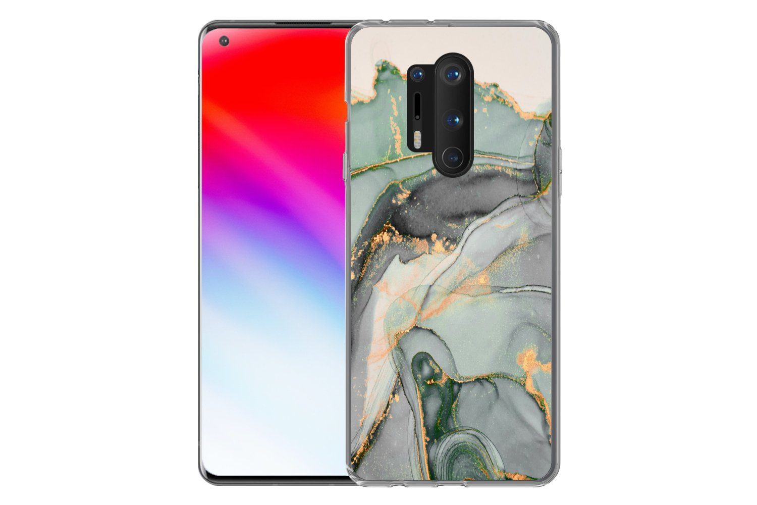 MuchoWow Handyhülle für OnePlus 8 Pro Gold - Marmor - Grün - Luxus - Glitzer - Marmoroptik, Phone Case, Silikon, Schutzhülle Dünn