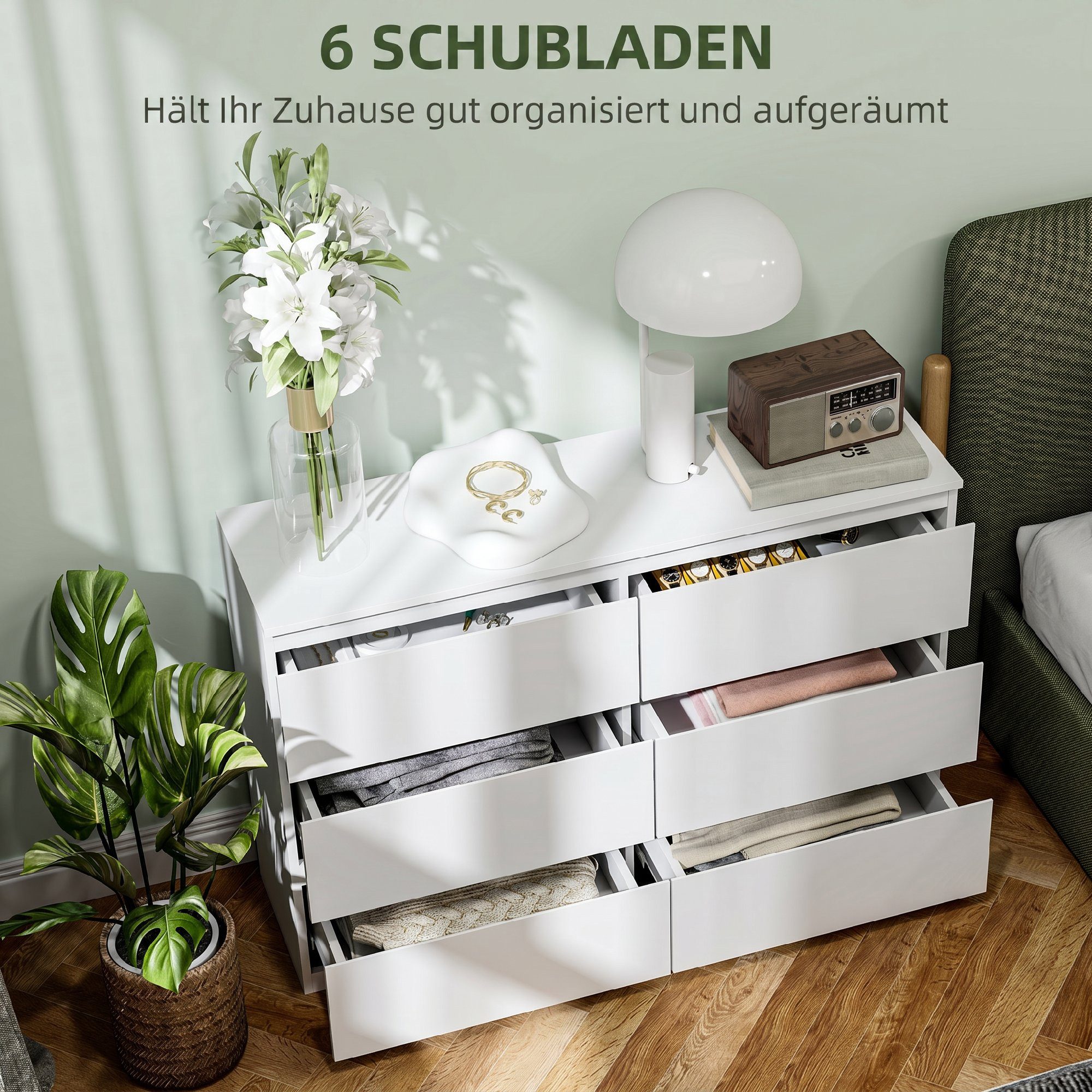 HOMCOM Kommode Sideboard mit 6 Schubladen (Schubladenschrank, 1 St., Schrank modern), für Wohnzimmer Schlafzimmer Flur Weiß, 112 x 34 x 75 cm – Bild 4 von 5