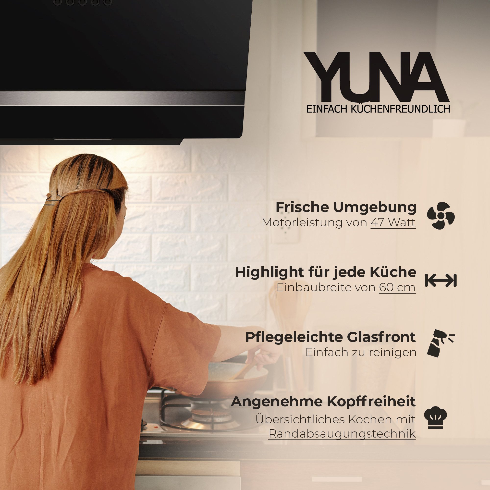 YUNA Kopffreihaube Dunstabzugshaube Schräghaube DURESA, 60 cm Dunstabzugshaube Schräghaube DURESA, 60 cm, 60cm breit, LED-Beleuchtung, Umluft- und Abluftbetrieb, in schwarz
