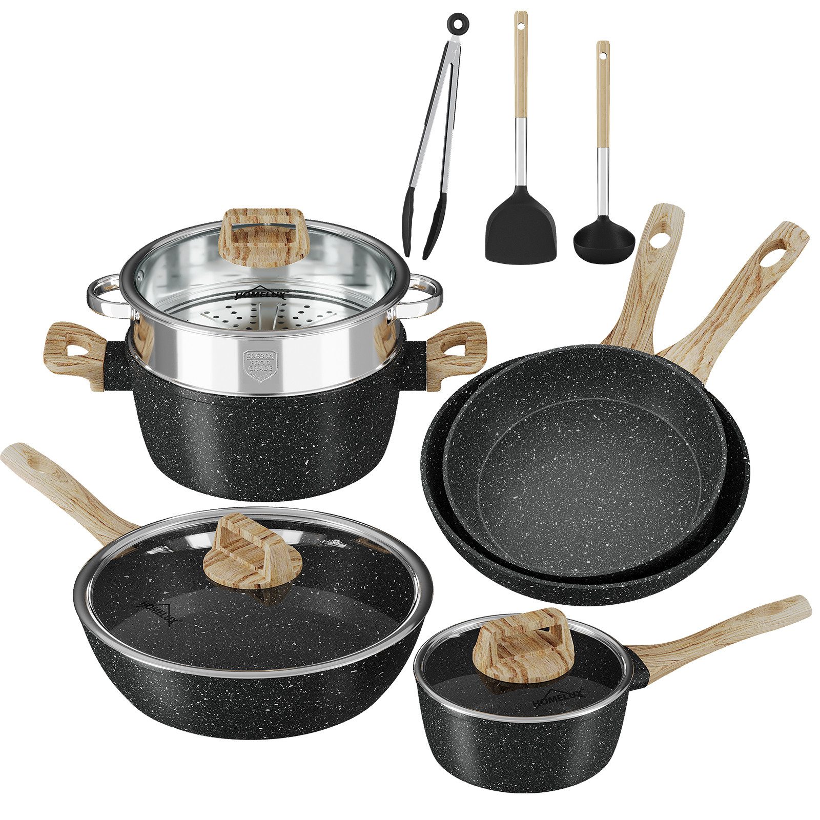 HOMELUX Topf-Set Schwarz Induktions Töpfe Set mit Antihaftbeschichtung, Holzmaserung, Aluminium (Kochtopf 16/24 cm, Bratpfanne 24/28/28 cm + 3-tlg. Küchenhelfer-Set, 12-tlg., Topfset/Pfannensets), Induktion