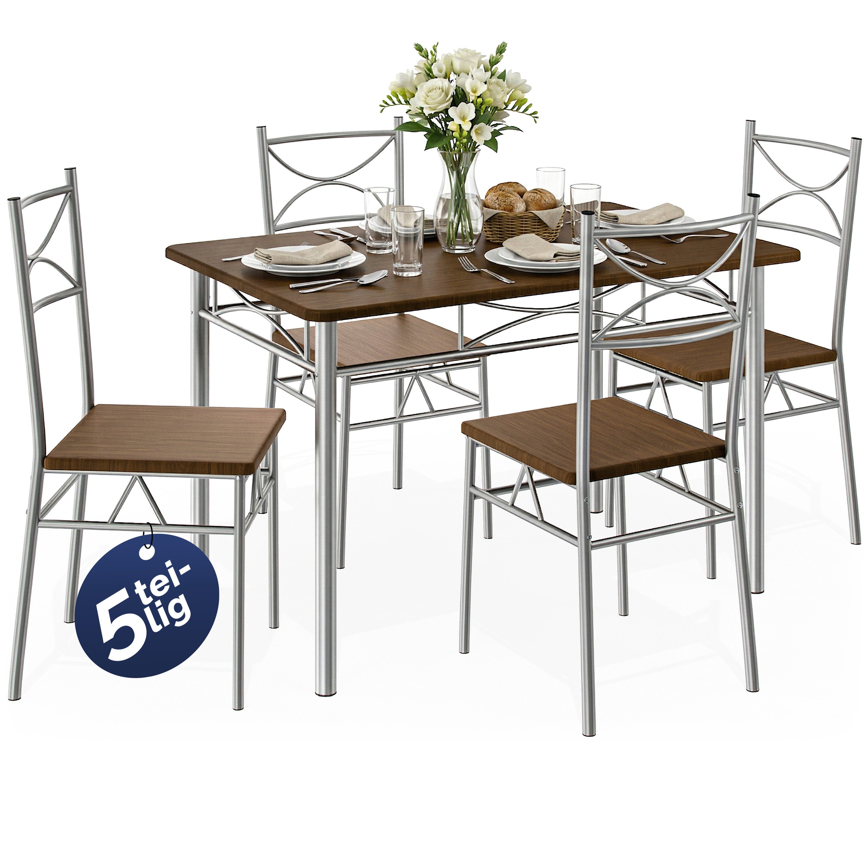 Casaria Essgruppe Paul, (5-tlg), Esstisch mit 4 Stühlen für Esszimmer Küche 5tlg. Sitzgruppe Robust