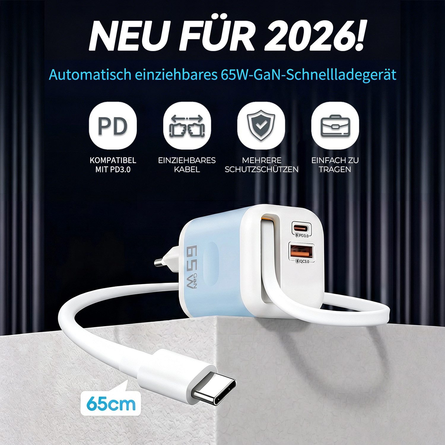 SWGOTA 2026 Neues 65W GaN 3-Port USB C Ladegerät mit Einziehbarem Kabel USB-Ladegerät (65W Schnellladegerät, 3-in-1 USB Netzteil, PD 3.0 Power Adapter, Unterstützt Super Fast Charging bei Einzelportnutzung)