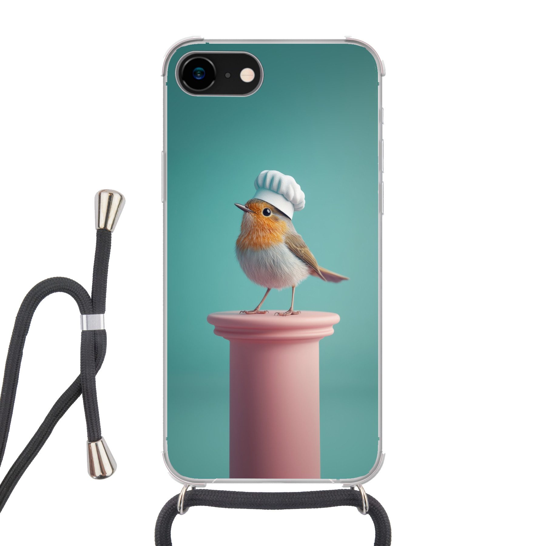 MuchoWow Handyhülle für Apple iPhone 7 Rotkehlchen - Vogel - Kochmütze - Sockel, Tragbare Handyhüllen mit Kette zum umhängen, Handykette Handyband