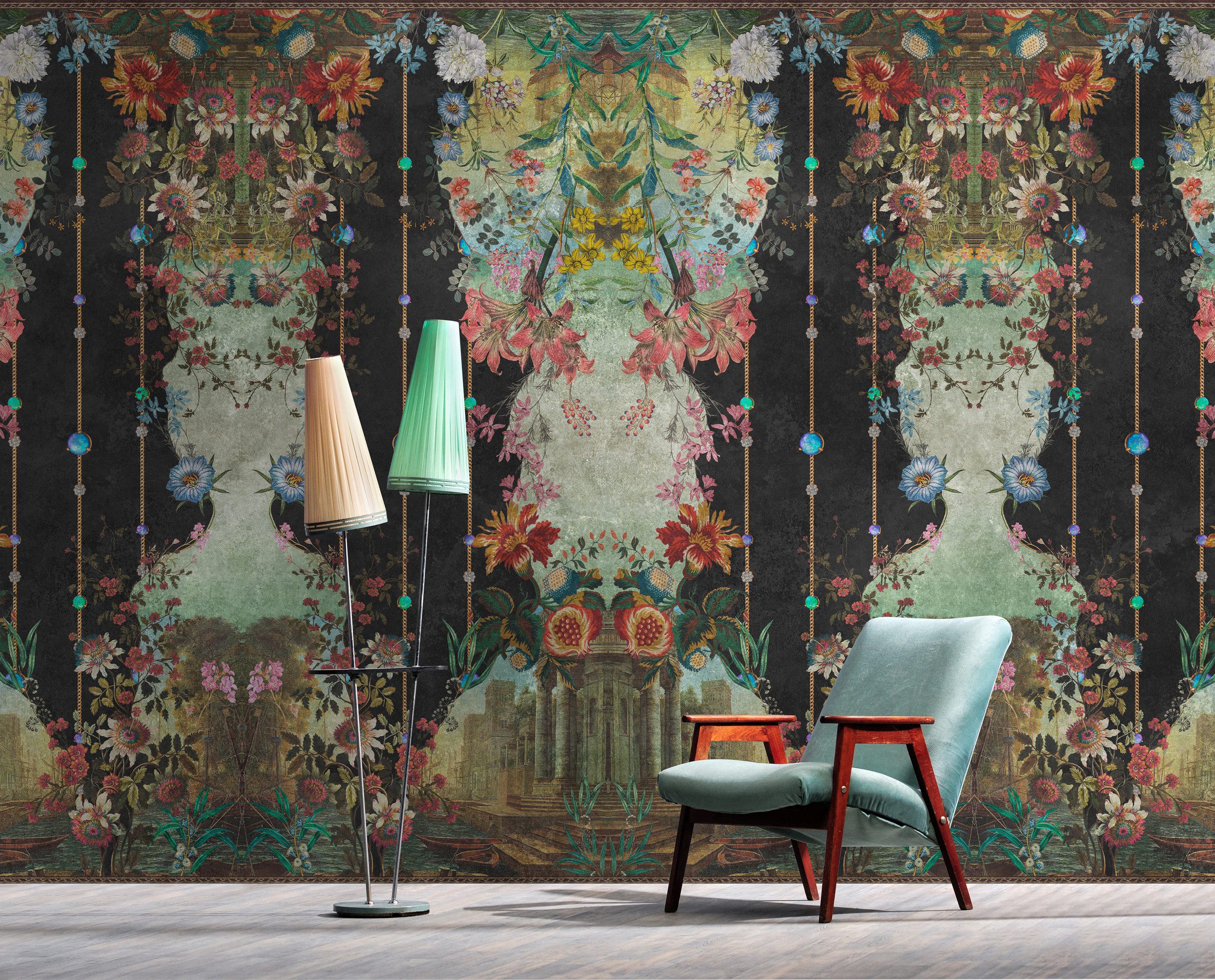 living walls Vliestapete Floral-Orientalische Tapete Grün Schwarz antik, glatt, matt, (1 St)