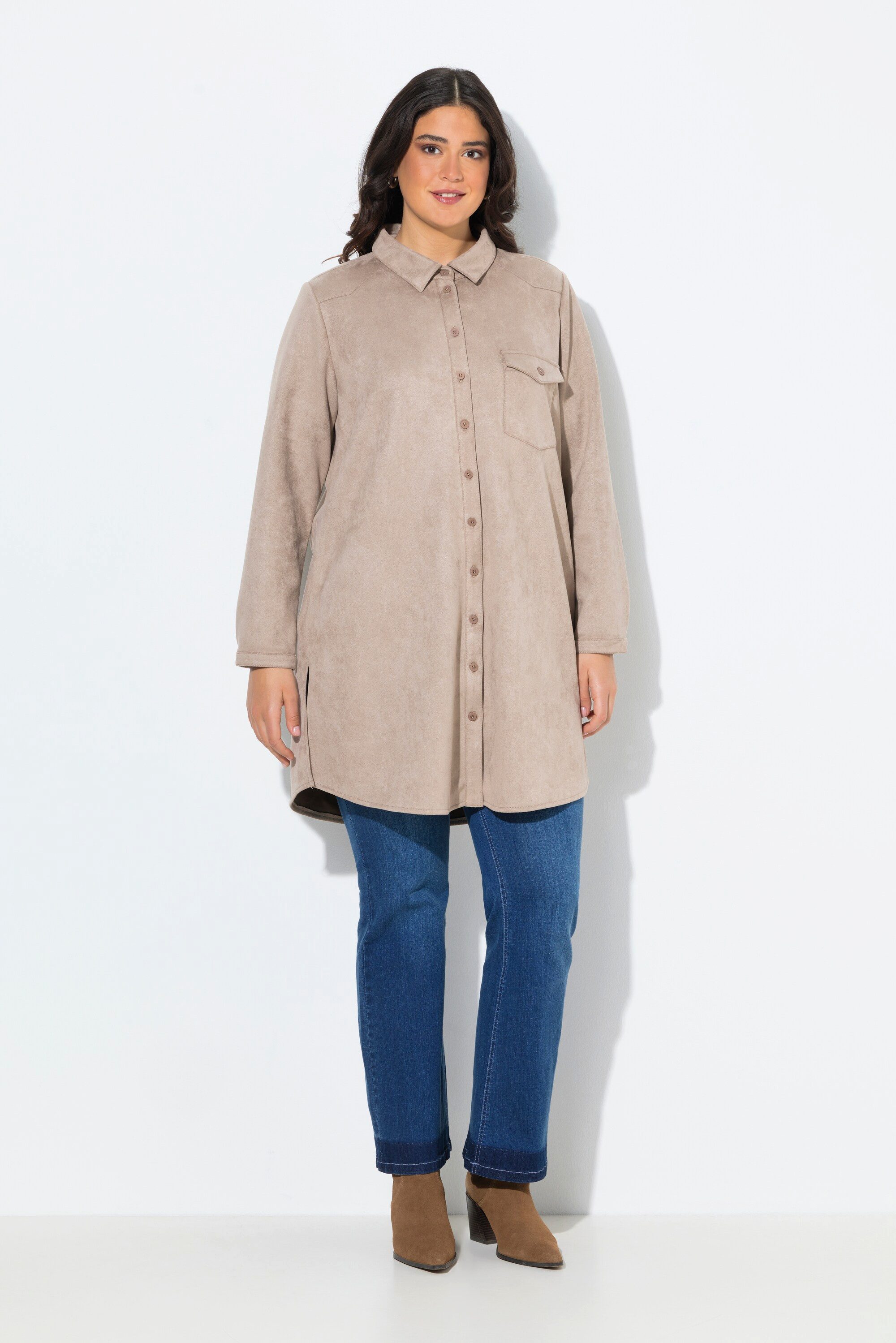 Ulla Popken Sommerjacke Suede-Longjacke A-Linie Hemdkragen Langarm günstig online kaufen