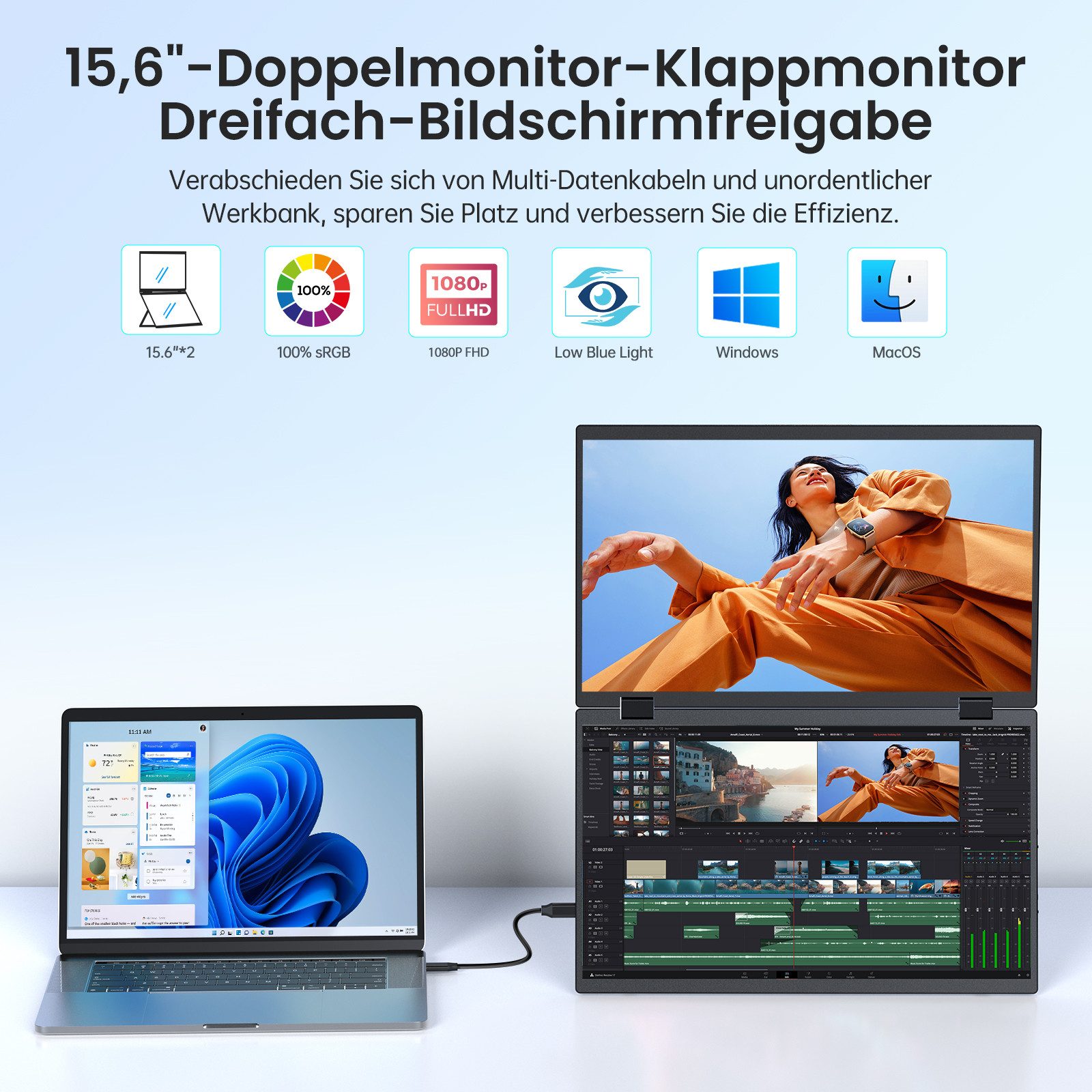 UPERFECT Doppelmonitor-Klappmonitor Dreifach-Bildschirmfreigabe Portabler Monitor (39,62 cm/15.6 ", 1920 x 1080 px, Full HD, 25 ms Reaktionszeit, 60 Hz, IPS)
