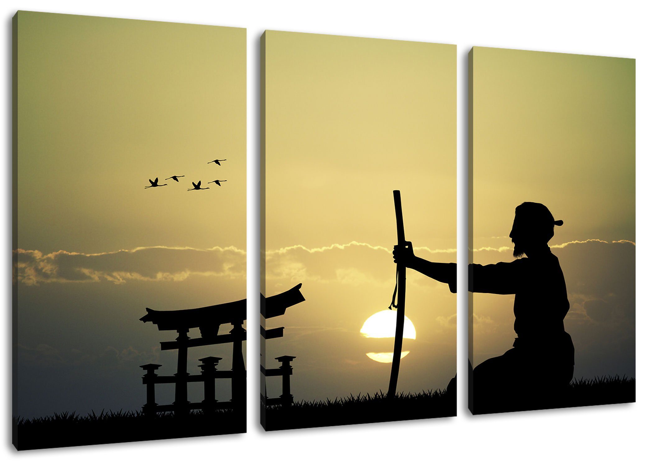 Pixxprint Leinwandbild Samurai-Meister vor Leinwandbild 3Teiler Samurai-Meister fertig Horizont Horizont, vor (1 inkl. St), bespannt, (120x80cm) Zackenaufhänger