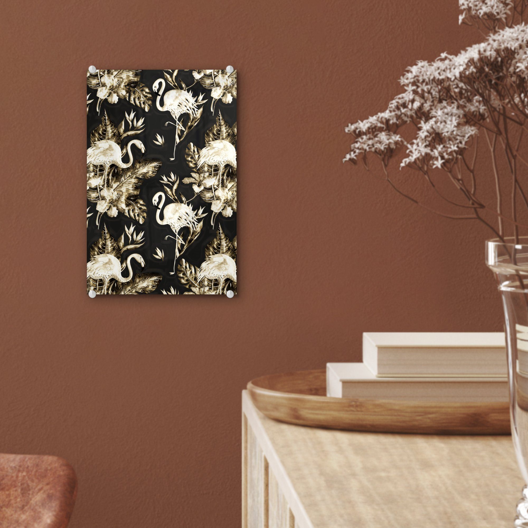 - Wanddekoration Blumen St), Glasbilder MuchoWow bunt Glas Acrylglasbild Flamingo, - auf auf Gold - - Glas - Wandbild Bilder (1 Foto