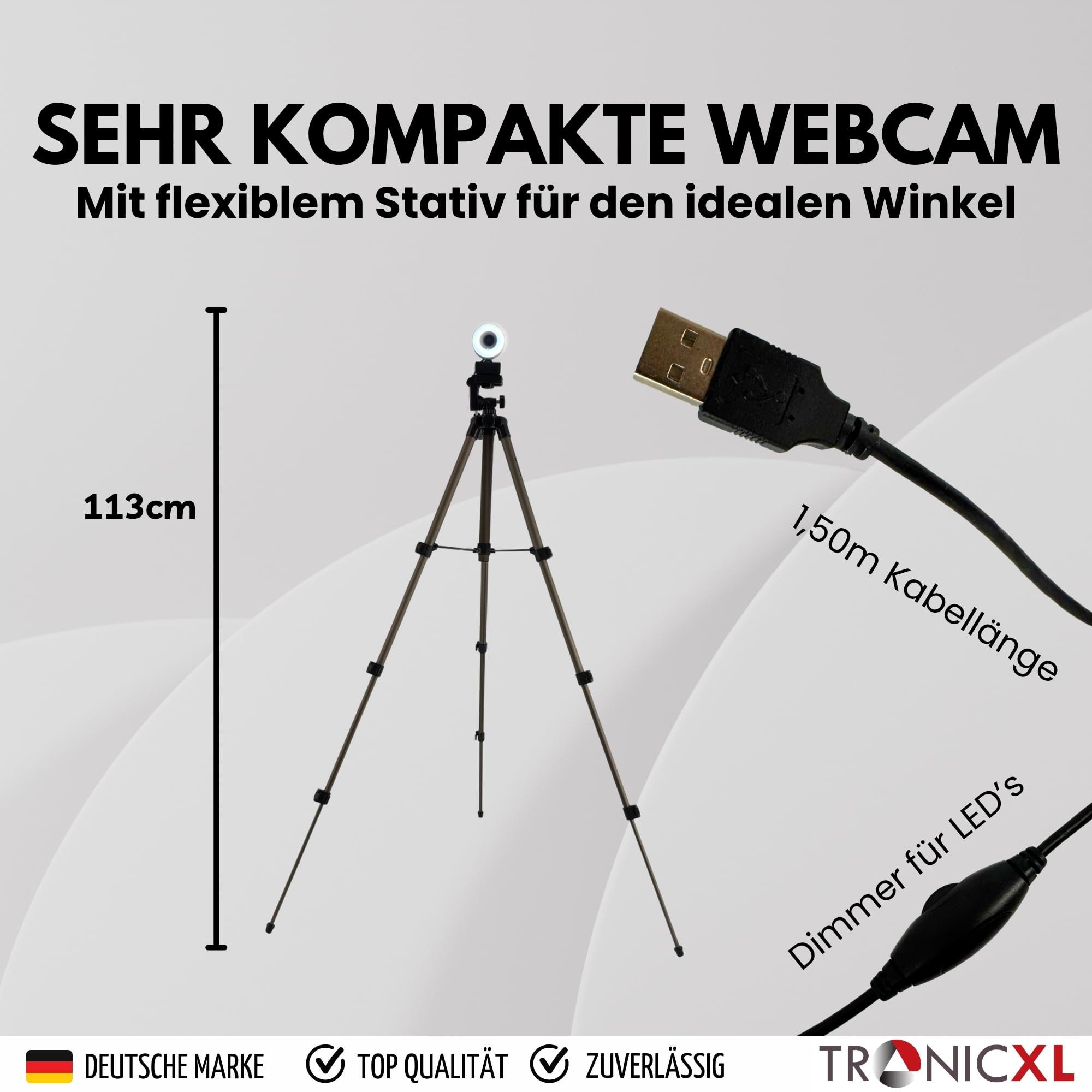 TronicXL Autofokus Webcam mit Ringlicht Lampe + 113cm Stativ Full HD 1920x1080p Full HD-Webcam (Live Stream Streaming, für Computer PC Windows 7 10 11 Kamera)