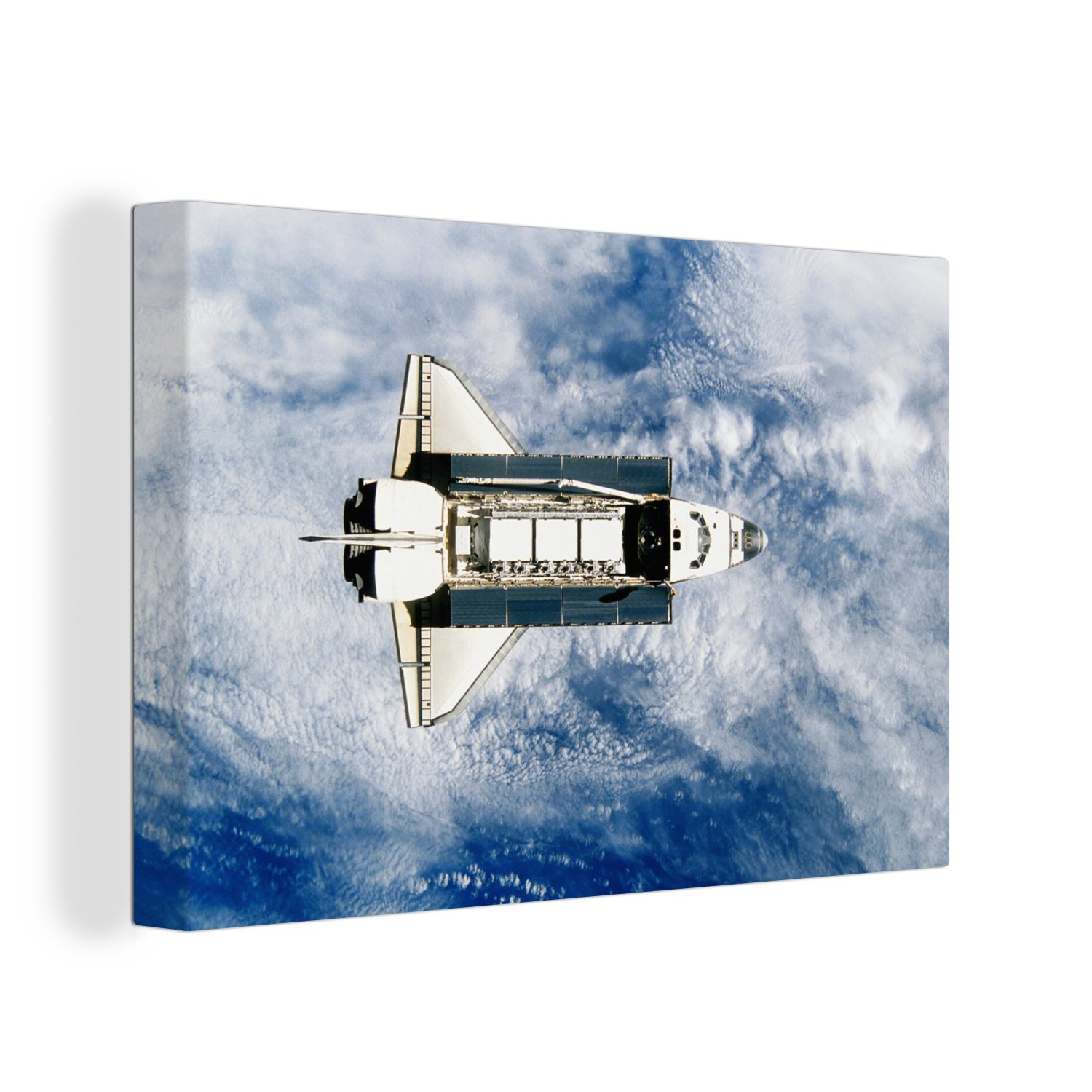 Shuttle hoch St), (1 Wanddeko, Universum, cm Leinwandbilder, Leinwandbild fliegt Aufhängefertig, Space Wandbild ins 30x20 OneMillionCanvasses®