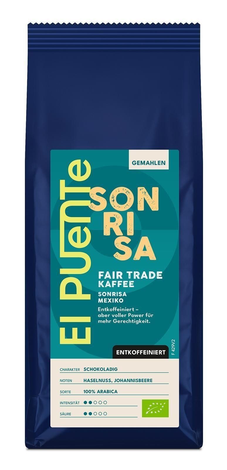 El Puente Kaffee Sonrisa - Bio-Kaffee gemahlen 250 g entkoffeiniert, Fair Trade, Bio, Fair Trade