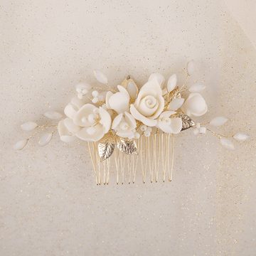 Vumari Haarkamm Braut Haarschmuck, Hochzeit, Kamm Boho, Eleganter Hochzeitsschmuck, (1 tlg), Eleganter Brautschmuck mit keramik Blüten