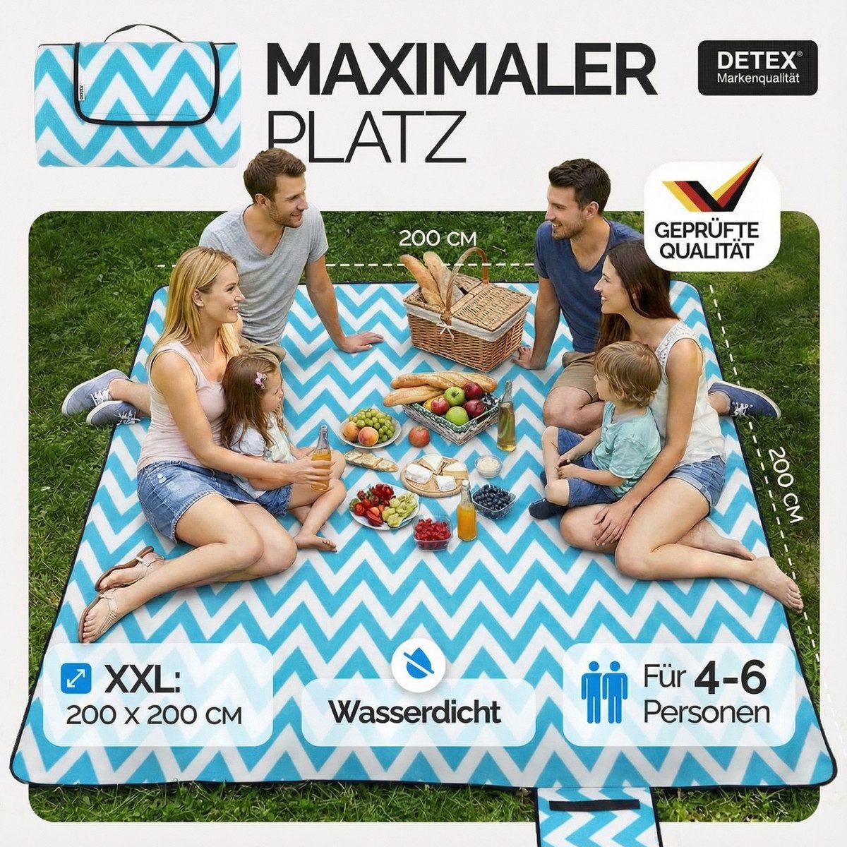 Picknickdecke, Detex, XXL 200x200 cm Wasserdicht Wärmeisoliert 4-6 Personen Türkis/Weiß