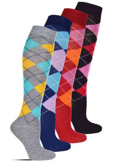 Socked Kniestrümpfe Damen Kniestrümpfe, Baumwolle (6-Paar, 4 verschiedene Farben) Baumwolle, lange Socken,Strümpfe, guter Halt, kniehoch, Uni / Karo