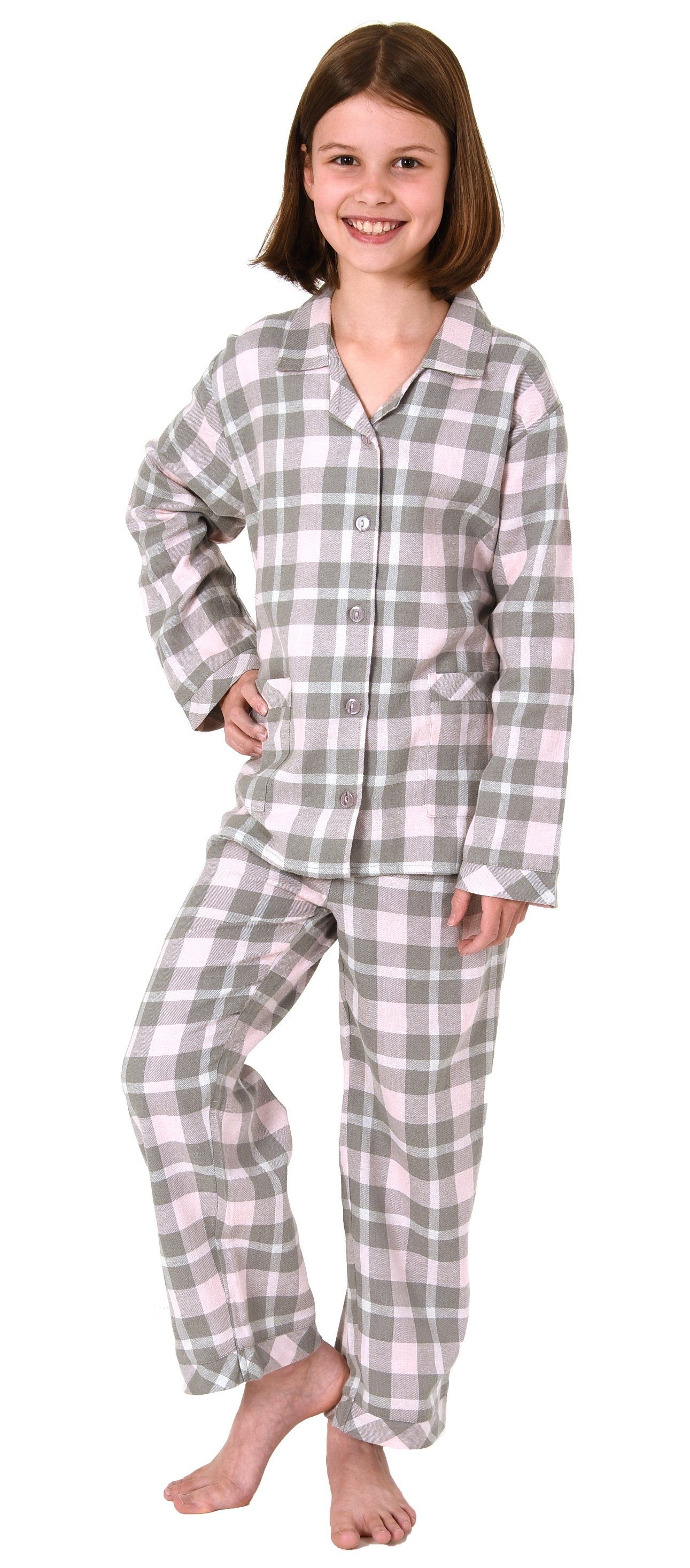 Pyjama Mädchen Flanell Pyjama langarm Schlafanzug kariert mit Knopfleiste