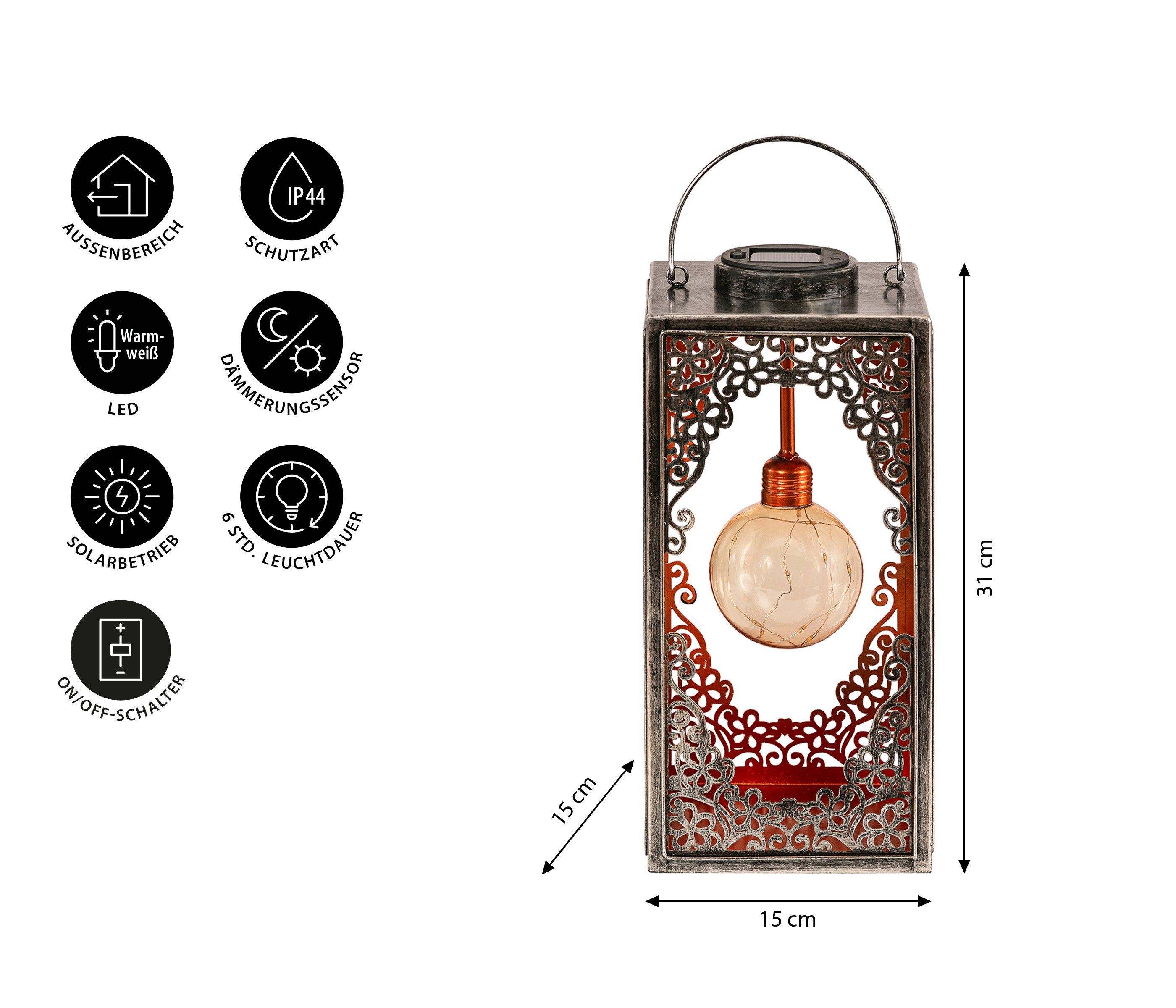 Dehner LED Solarleuchte Solar-Laterne Marsa, Lichtfarbe warmweiß, Metall, Warmweiß, romantische LED-Laterne mit orientalischen Ornamenten