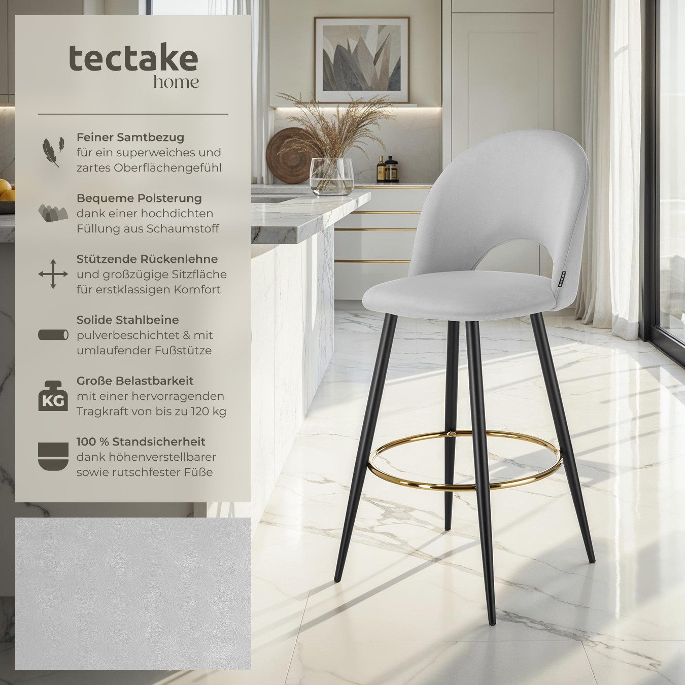 tectake Barhocker Barstuhl, in Samtoptik, gepolstert günstig online kaufen