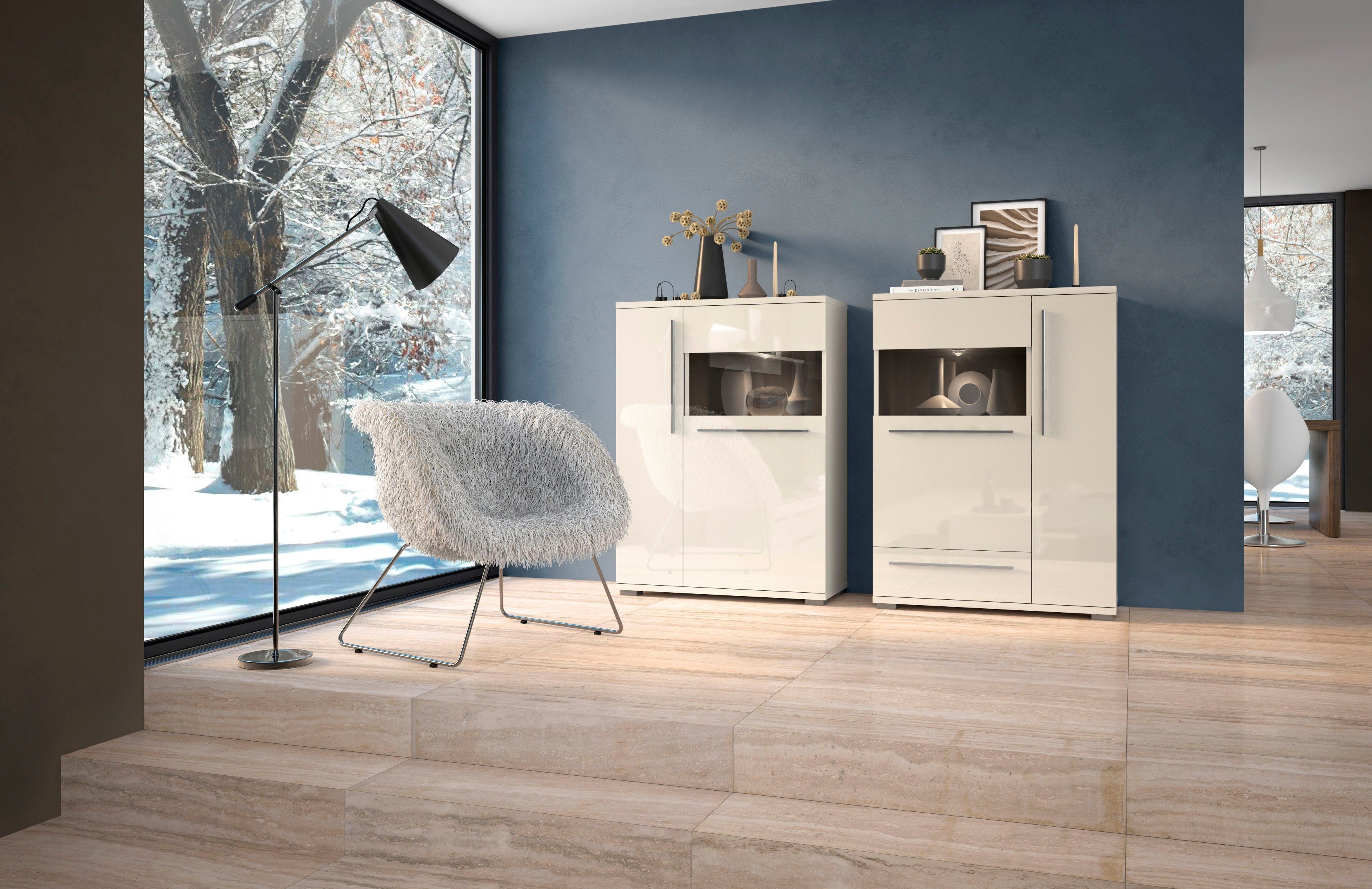 Vitrine UV | Beige Piano Places lackiert, Hochglanz of Style Beige Soft-Close Hochglanz Funktion