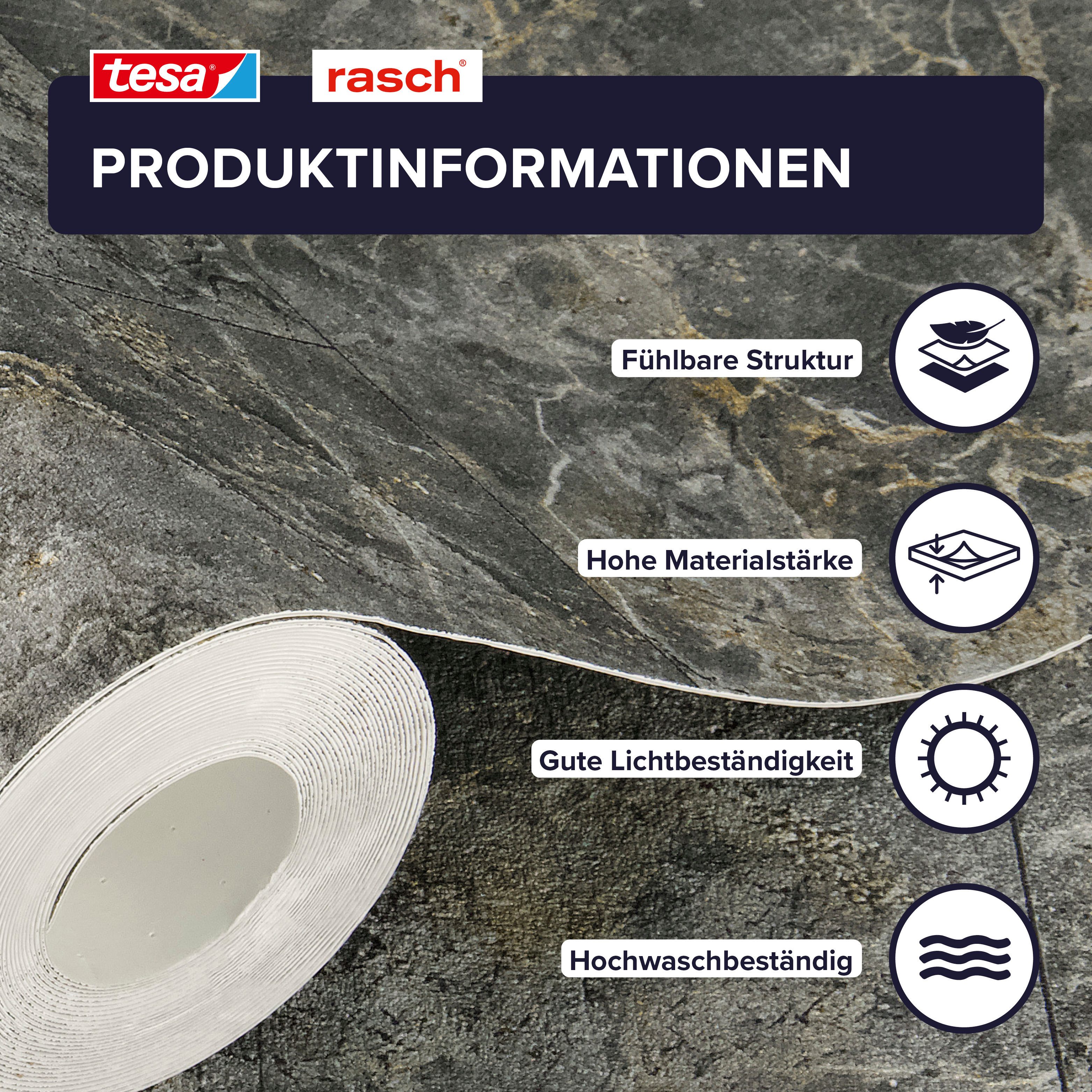 Rasch Vliestapete Luxora - Selbstklebende Tapete Fliesenoptik von tesa® x rasch®, strukturiert, Steinoptik, Stein-Fliesen, (1 St), selbstklebend, 6,00m x 0,53m