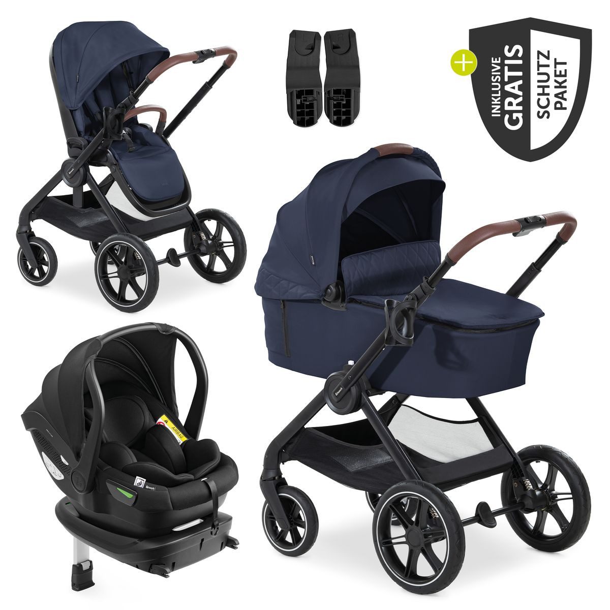 Hauck Kombi-Kinderwagen Walk N Care Trio Set - Dark Blue, 4in1 Kinderwagen Set mit Babyschale, Babywanne, Isofix Base & Zubehör