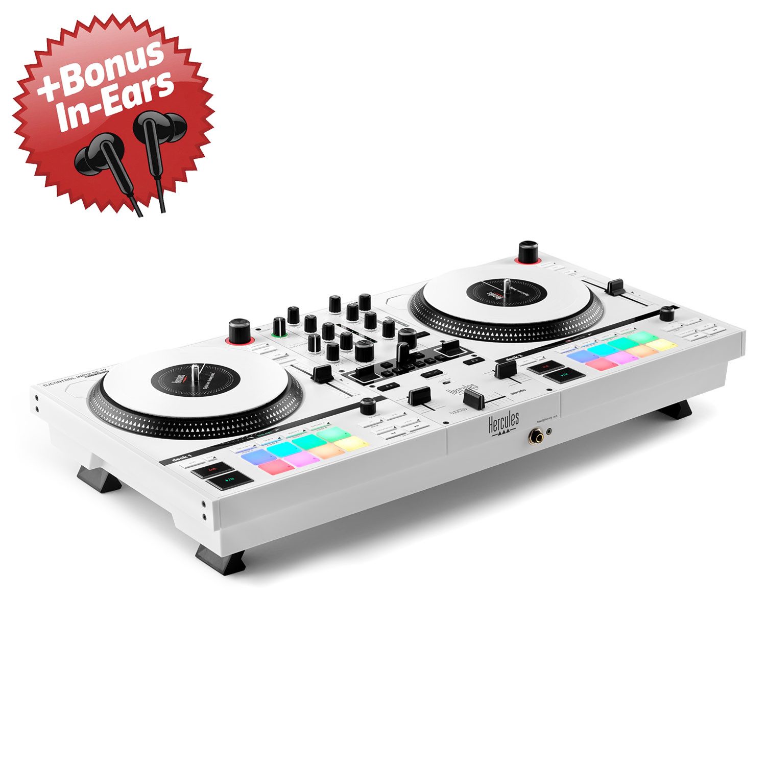 HERCULES DJ Controller Hercules DJ Controller Inpulse T-7 Weiss + Bonus In-Ear Kopfhörer, (DJ-Controller mit 2 motorbetriebenen Decks), DJ-Controller mit 2 motorbetriebenen Decks
