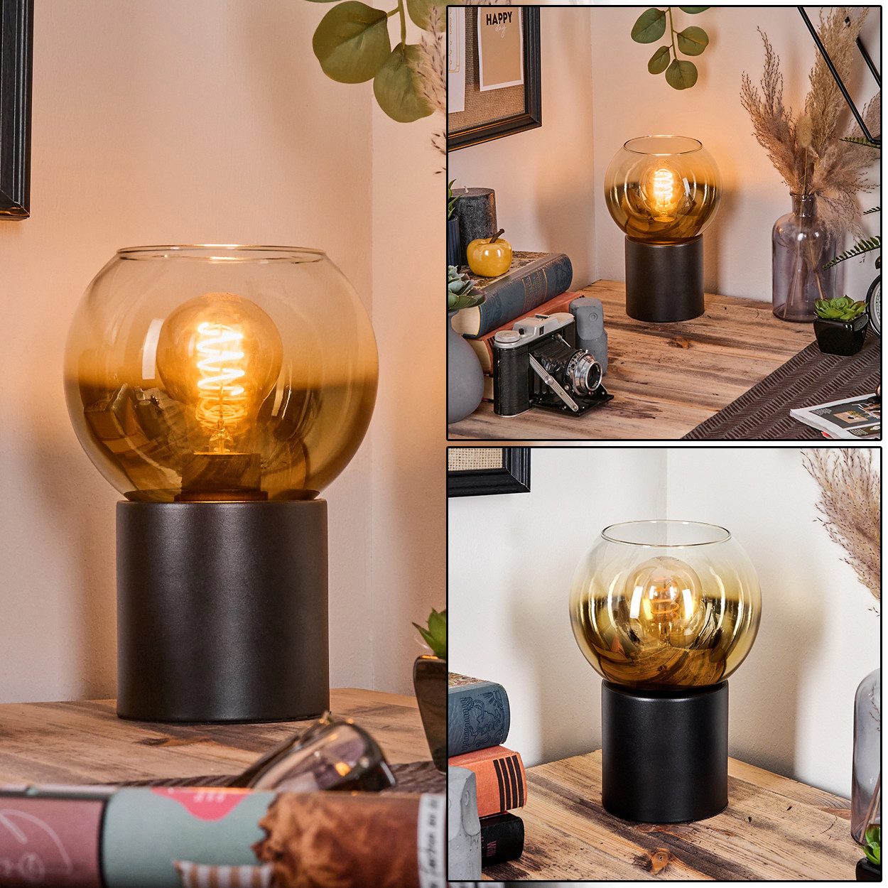 hofstein Tischleuchte Tischlampe aus Metall/Glas in Schwarz/Goldfarben/Klar, ohne Leuchtmittel, Leuchte im Retro/Vintage-Design mit Glasschirm (15 cm), 1 x E14