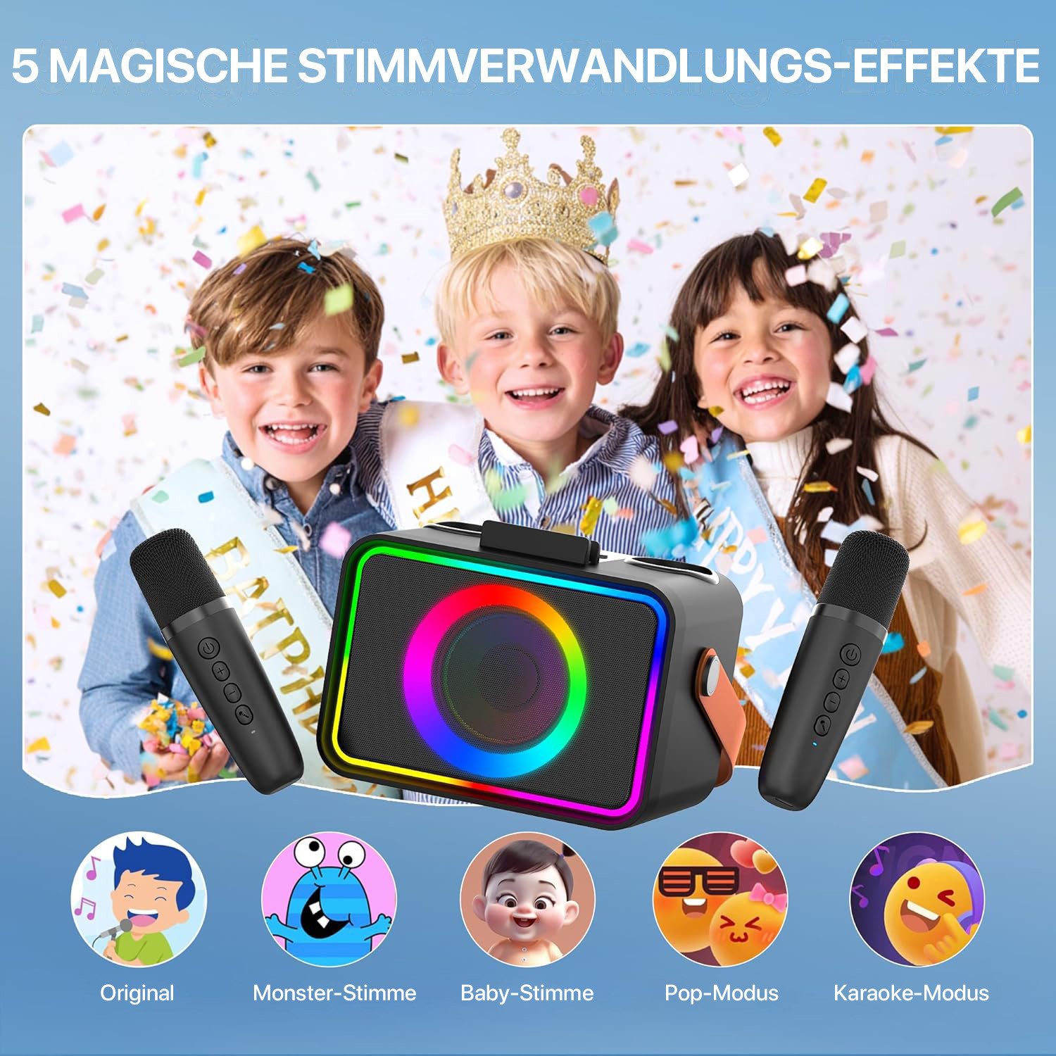 ANYSUN Karaoke Maschine mit 2 Karaoke Mikrofonen, Tragbare Karaoke Box Bluetooth-Lautsprecher (Party-Lautsprecher, Karaoke-All-in-One-Maschine, mit Lichteffekten)