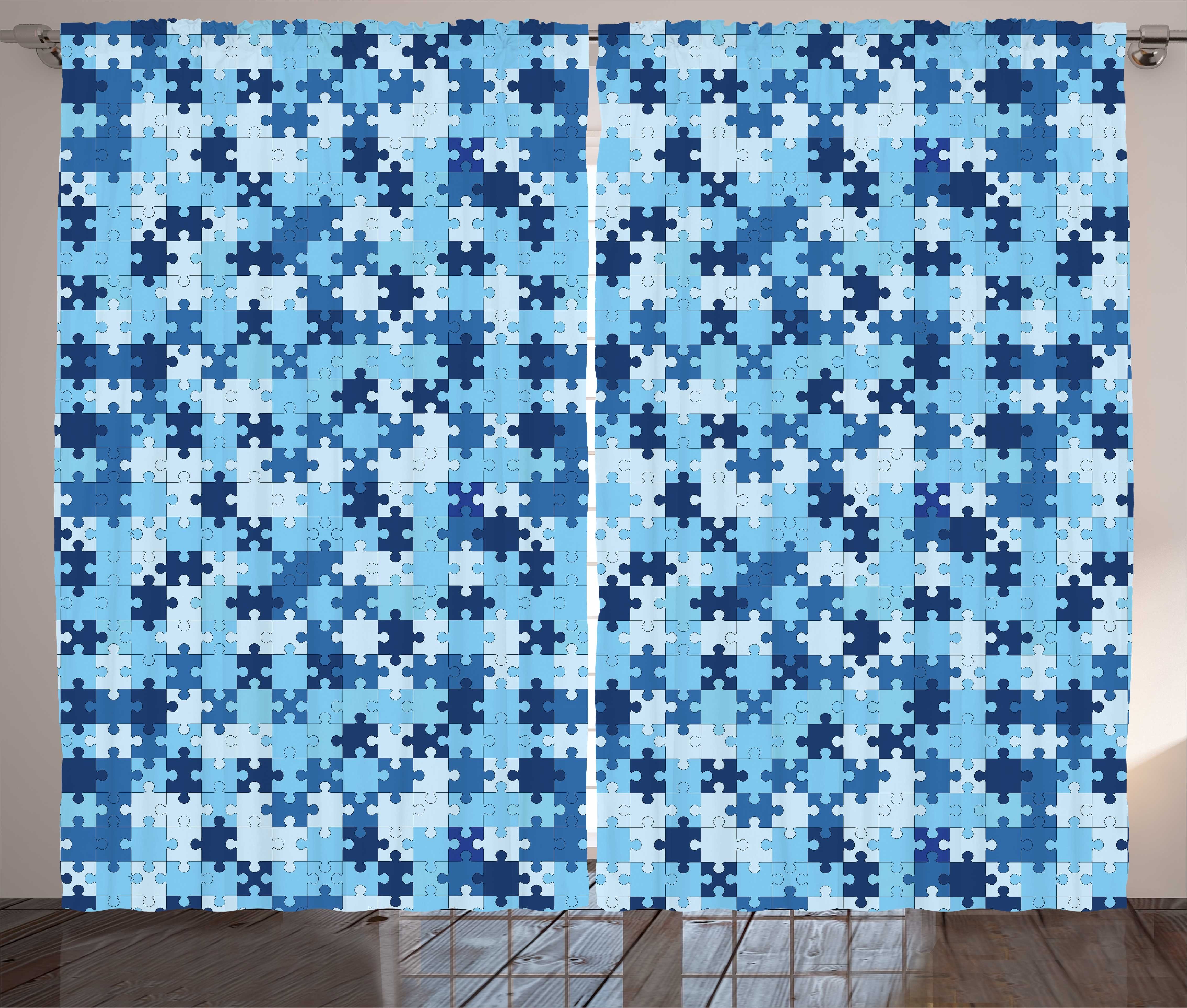 mit Vorhang Monotone und Blau Gardine Kräuselband Abakuhaus, Stil Puzzle-Muster Schlafzimmer Schlaufen Haken,