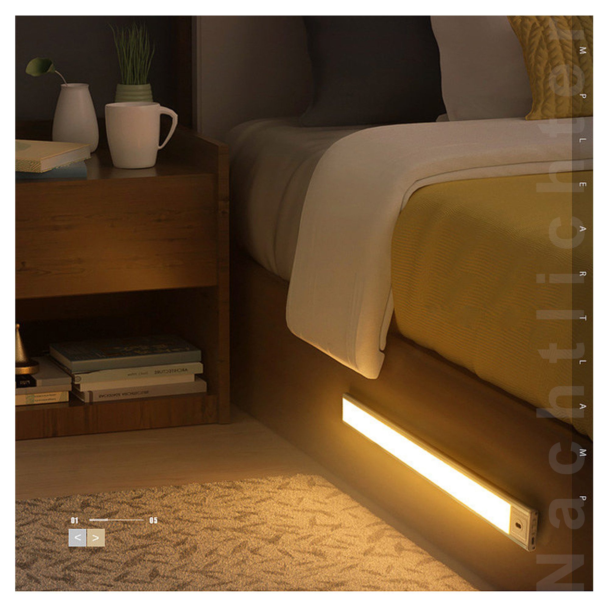 ibettertec LED Lichtleiste Nachtlicht, Wiederaufladbar Treppenlicht,Unterbauleiste Sensor Leuchte, LED fest integriert, Bewegungsmelder, LED Nachttischlampe, USB Wiederaufladbar Schranklicht und Treppenlicht, Schrankleuchten mit Bewegungsmelder, Kaltweiß, Warmweiß, Naturweiß, für Treppen, Küche, Wohnzimmer,usw.