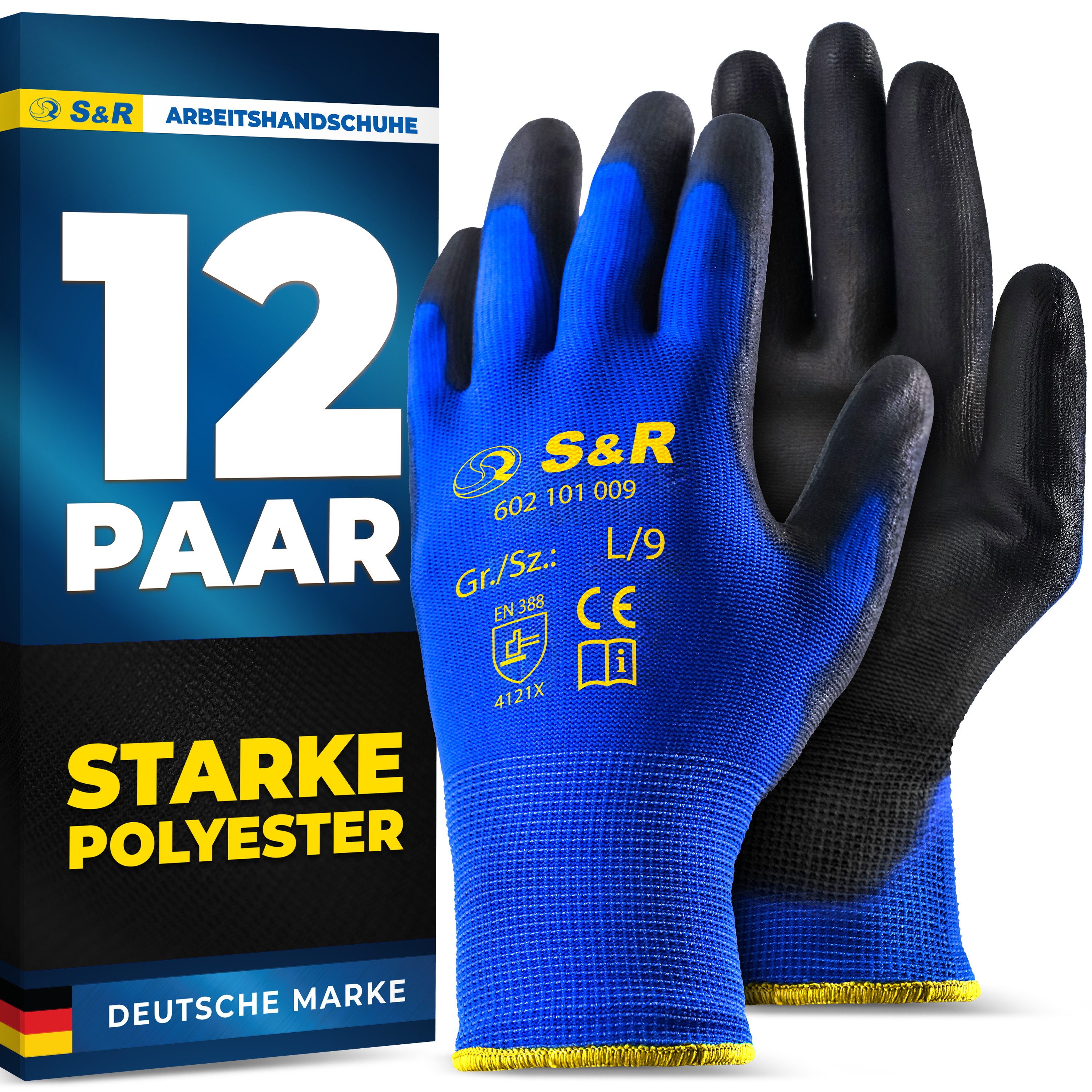 S&R Arbeitshandschuhe aus Polyesterfaser mit Polyurethanbeschichtung, flexible, Gr. L / 9 (Set, 24-St., 12 Paar L / 9) geprüfte Schutzhandschuhe, für den privaten und gewerblichen Gebrauch