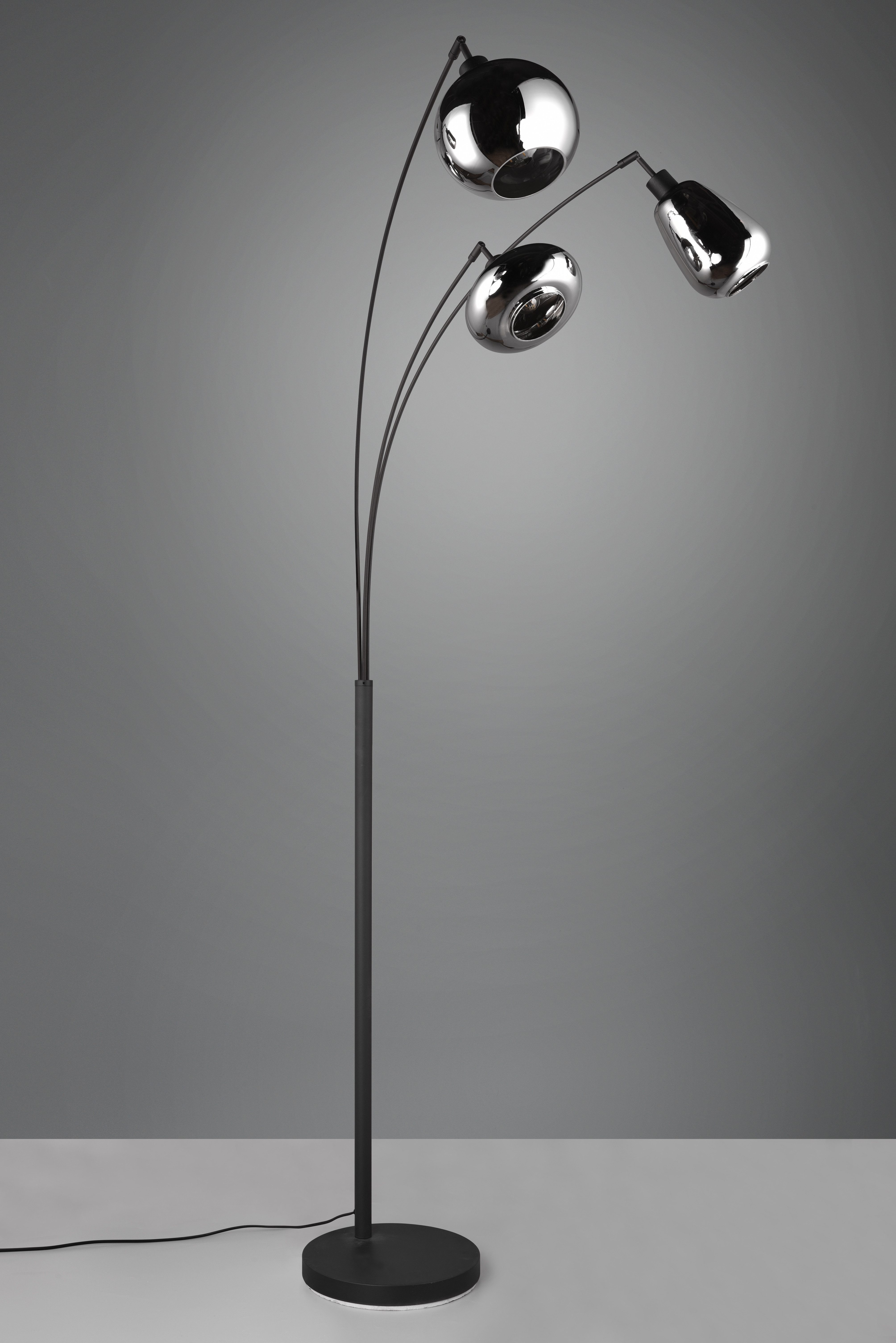 TRIO Leuchten Stehlampe Lumina, gebogene Stehleuchte mit Glasschirmen exkl 3x E14 max 10W, Ein-/Ausschalter, Leuchtmittel wechselbar, warmweiß - kaltweiß, Gläser in 3 Formen sind Chrom bedampft für Spiegel Effekte Fußschalter