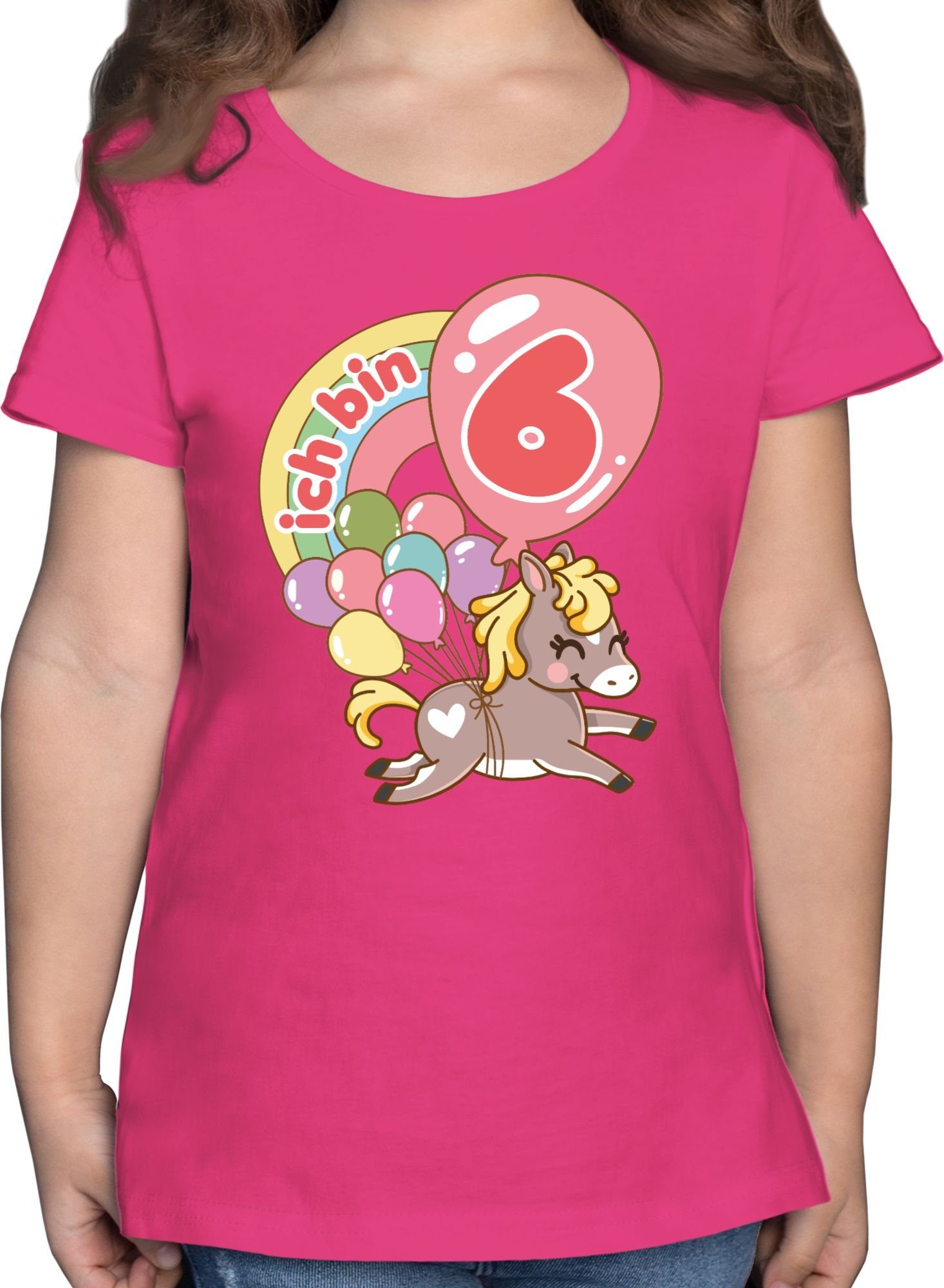 Shirtracer T-Shirt Ich bin sechs - Pferd mit Luftballons 6. Geburtstag 1 Fuchsia