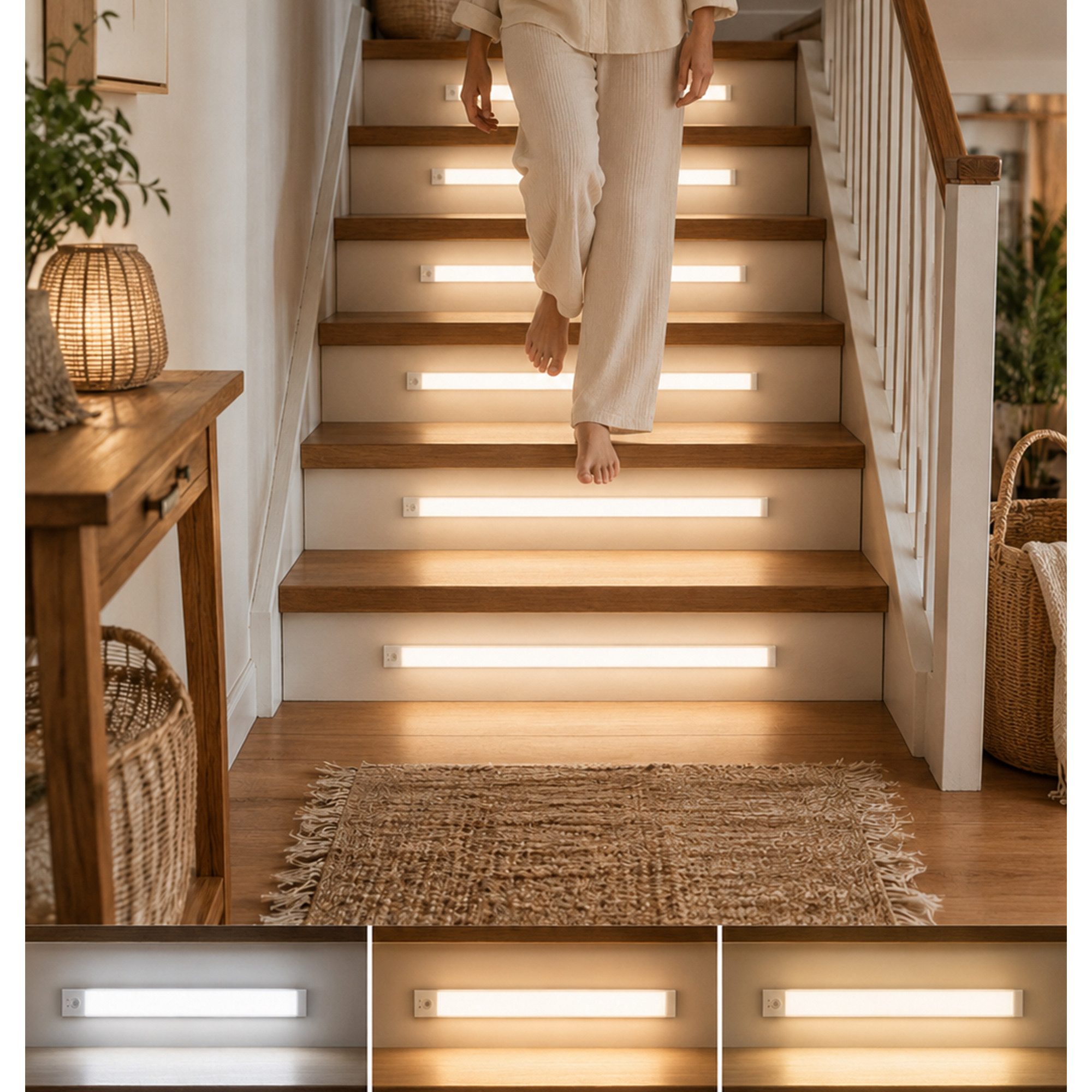 OYLCDI LED Unterbauleuchte LED Lichtleiste mit Bewegungsmelder, dimmbare Akku Schranklampe, LED festintegriert, mit Auto-Modus, 3 Lichtfarben, USB-Ladekabel inklusive, LED Nachttischlampe, Kaltes Weiß, Warmes Weiß, Natürliches Weiß, für Treppen, Küche, Wohnzimmer,usw.