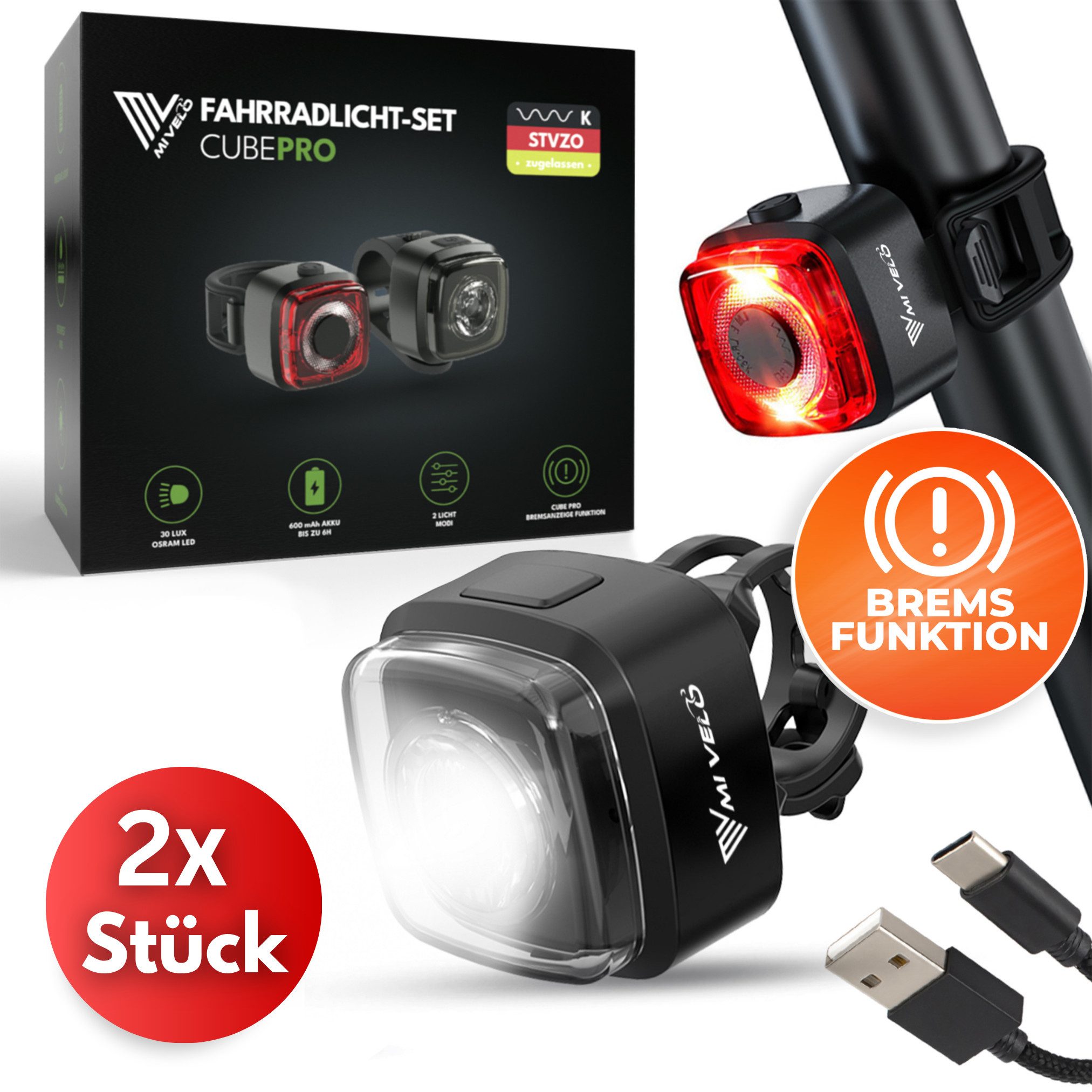MIVELO Fahrradbeleuchtung CUBE Fahrradlicht Set LED - Akku USB aufladbar wasserdicht, OSRAM LED