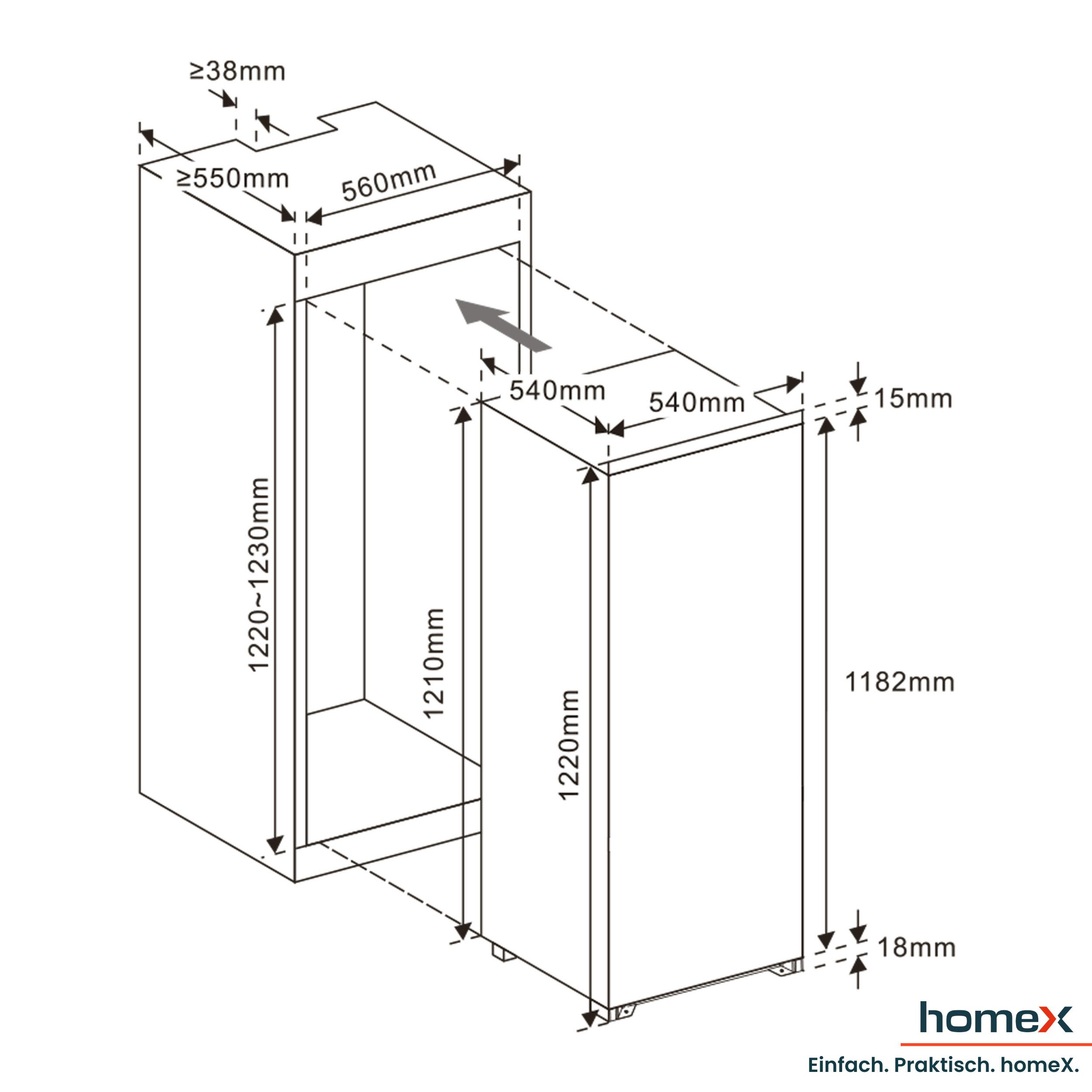 homeX Einbaukühlschrank CB1991E, 123 cm hoch, 54 cm breit, 199 Liter, ohne Gefrierfach, 122cm hoch, Schlepptürtechnik, 39 dB