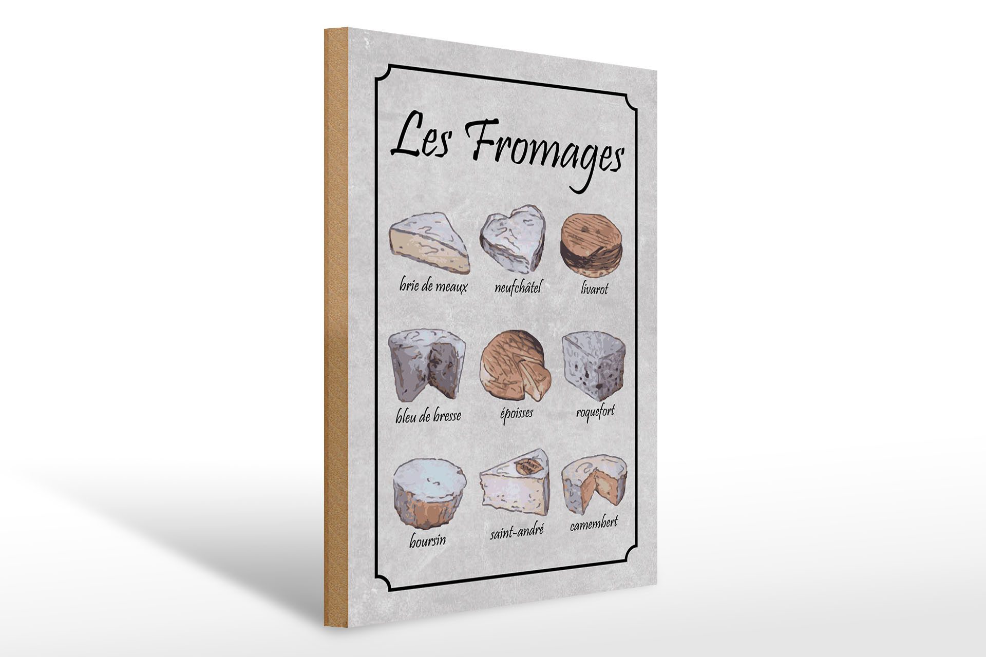 Femer GmbH Holzbild Essen 30x40 cm 9 französische Käsesorten Les Fromages, (1 St), Glatte Holzfaserplatte (MDF), vorn beschichtet