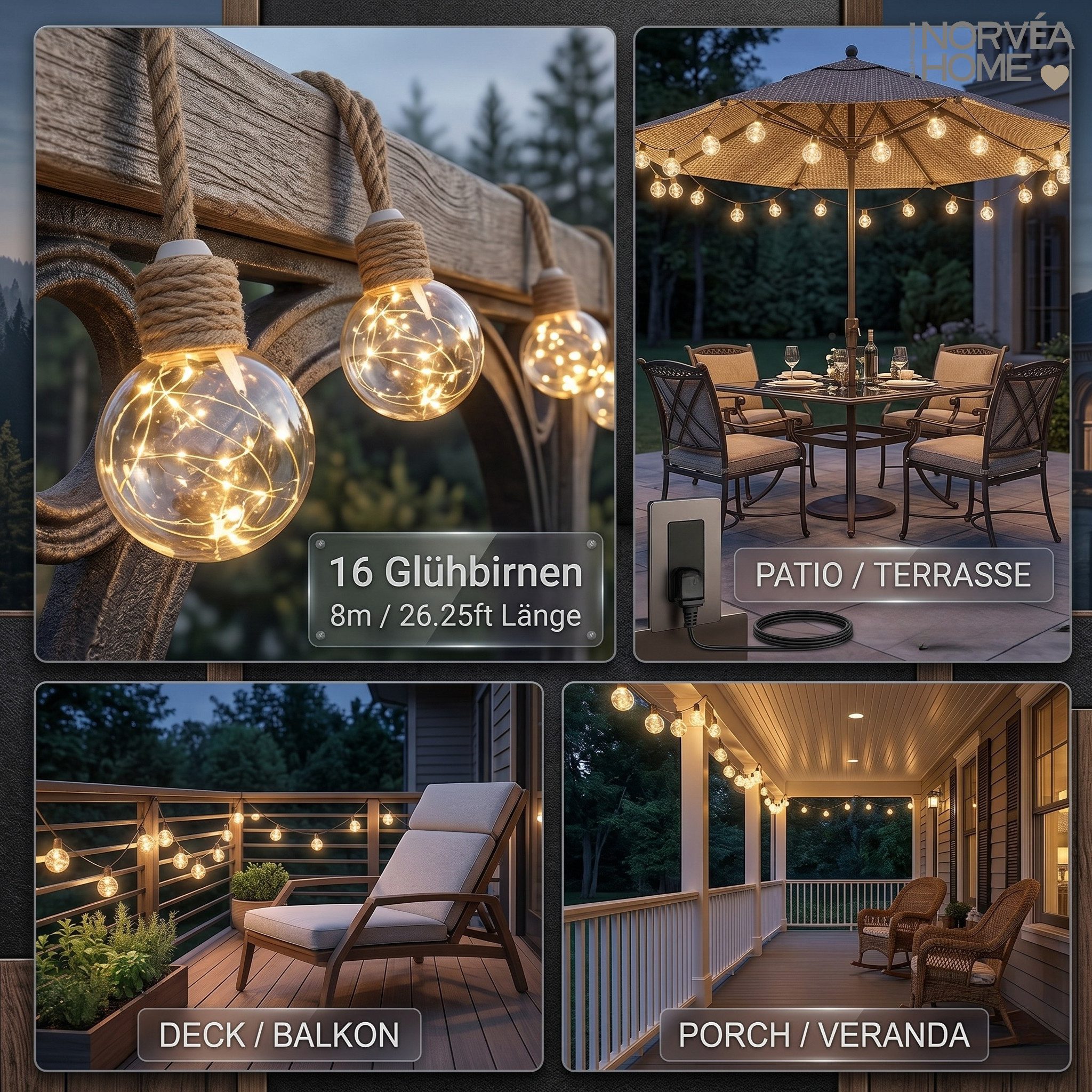 Norvéa Home Lichterkette Solar Lichterkette Außen Glühbirnen Juteseil IP44 Warmweiß, Solar Lichterkette IP44, G40 Fairy Light, 8 Modi, Juteseil