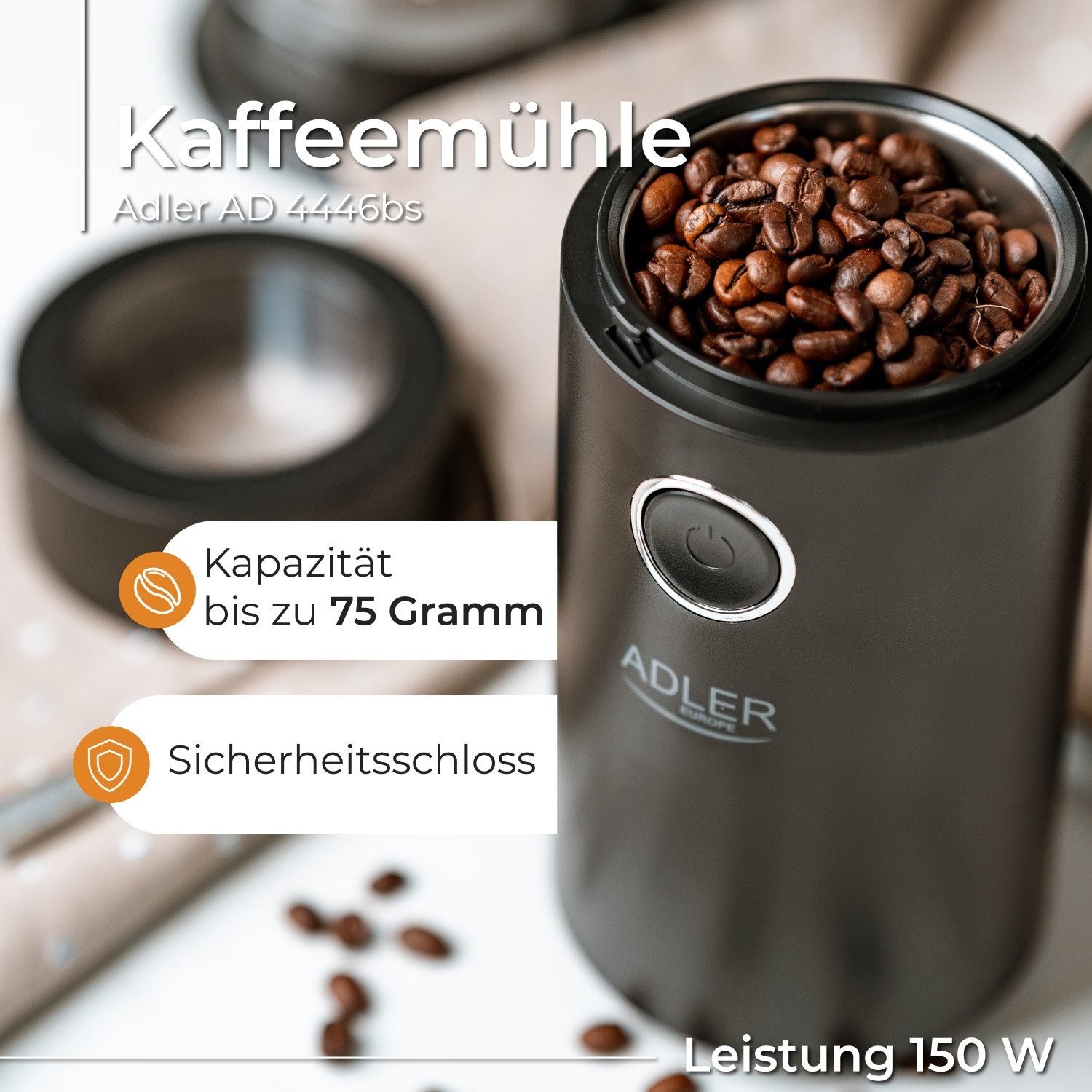Adler Kaffeemühle Adler Kaffeemühle 150W AD_4446bs Schwarz, 75 g Bohnenbehälter