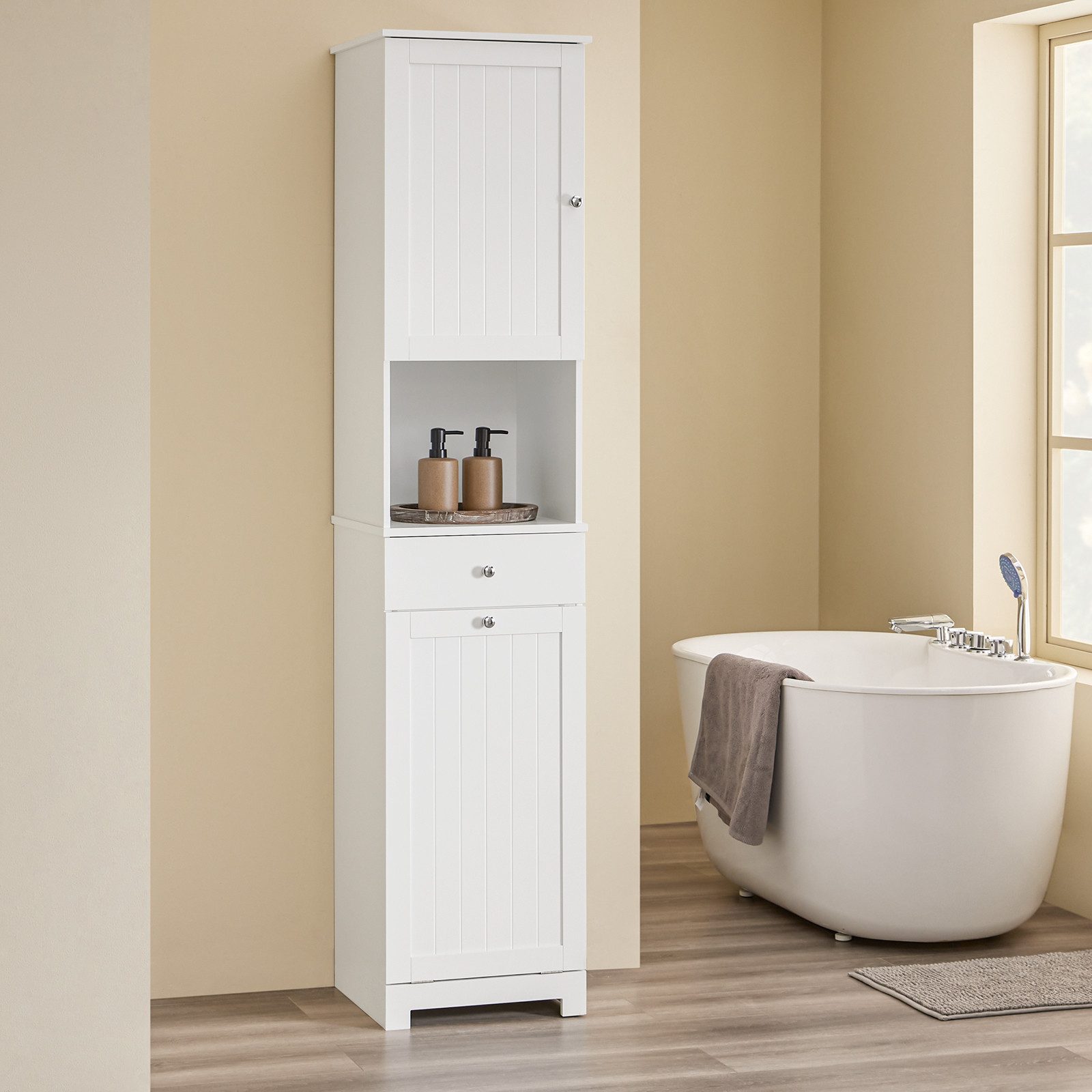 SoBuy Badkommode BZR216, Badezimmerschrank Badschrank mit Wäschekorb Badezimmermöbel, Hochschrank mit Schublade, verstellbare Ablagen, Wäschekorb Badezimmer