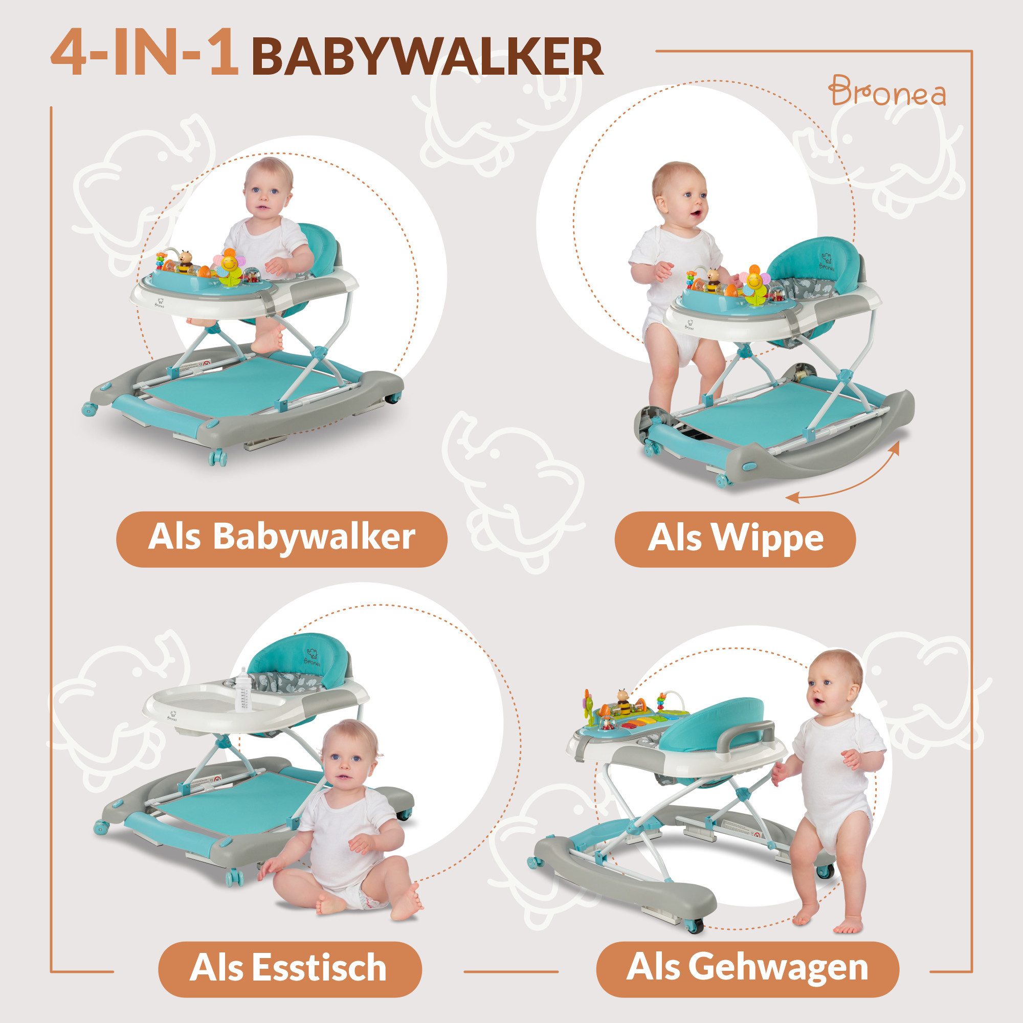 Bronea Lauflernhilfe Happy Life 4-in-1 Babywalker Gehfrei Baby Lauflernwagen Schaukel Blau, (Laufhilfe für Baby ab 6 Monate, Musik & Licht, Höhenverstellbar, Klappbar, Türkis-Grey), Im nu - auf Knopfdruck - zum Schaukel, Widerstand Reifen einstellbar