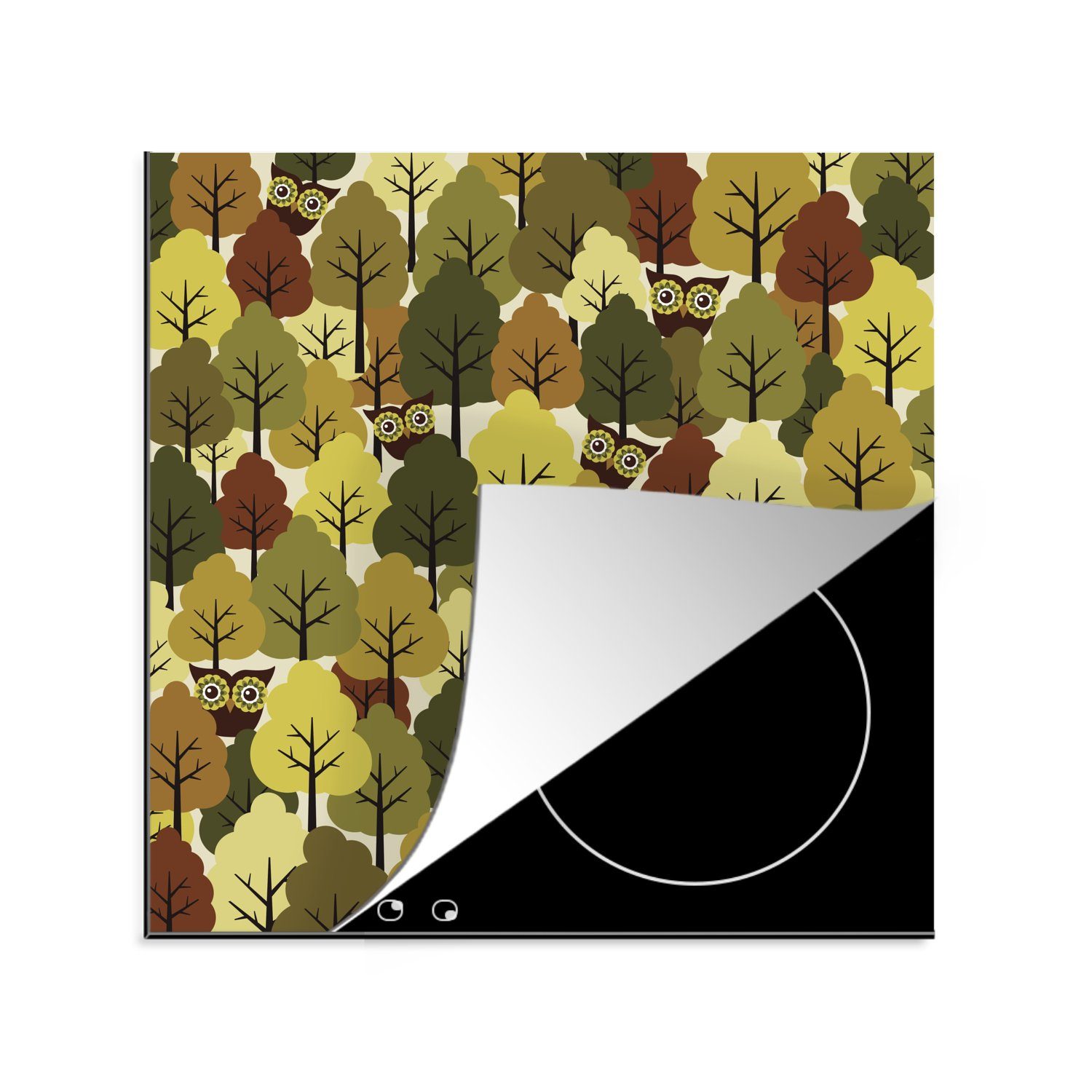 MuchoWow Herdblende-/Abdeckplatte Eine Illustration tlg), mit 78x78 cm, Eulen, eines Waldes Arbeitsplatte (1 küche für herbstlichen Ceranfeldabdeckung, Vinyl