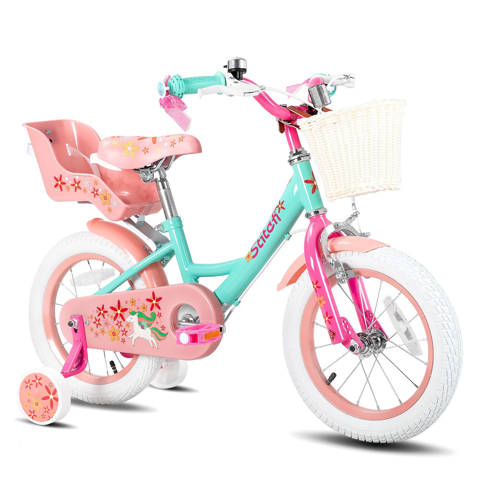 JOYSTAR Kinderfahrrad Unicorn 12/14/16/18 Zoll Kinderfahrrad für 3-9 jährige Mädchen, mit Puppenradsitz, Stützrädern, Korbstreamer, 18 Zoll mit Kickstand