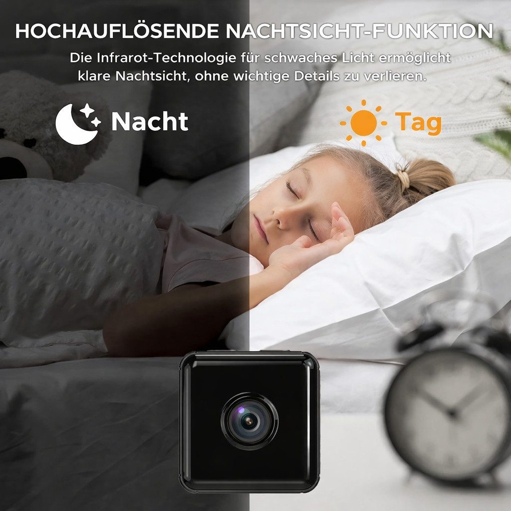 SpionProfi Überwachungskamera 1080p Wifi Mini Kamera Wlan mit Nachtsicht & Bewegungsmelder Haus Cam (Innenbereich, 1-tlg., Mini Live Überwachungskamera Ideal für Haus, Vogelhaus, Nistkasten)