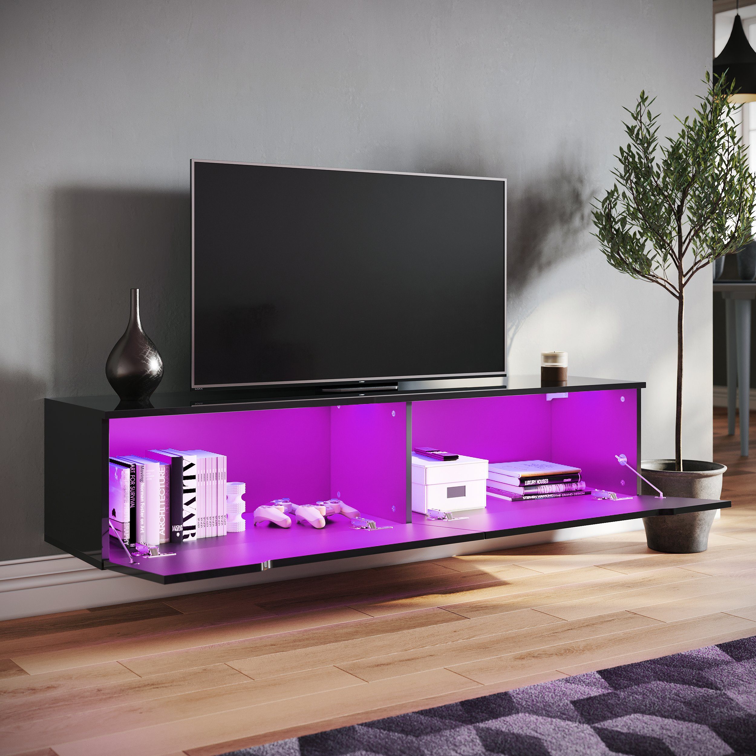 SONNI TV-Schrank Schwarzer Wandhalter Minimalistischer TV-Ständer mit LED-Beleuchtung