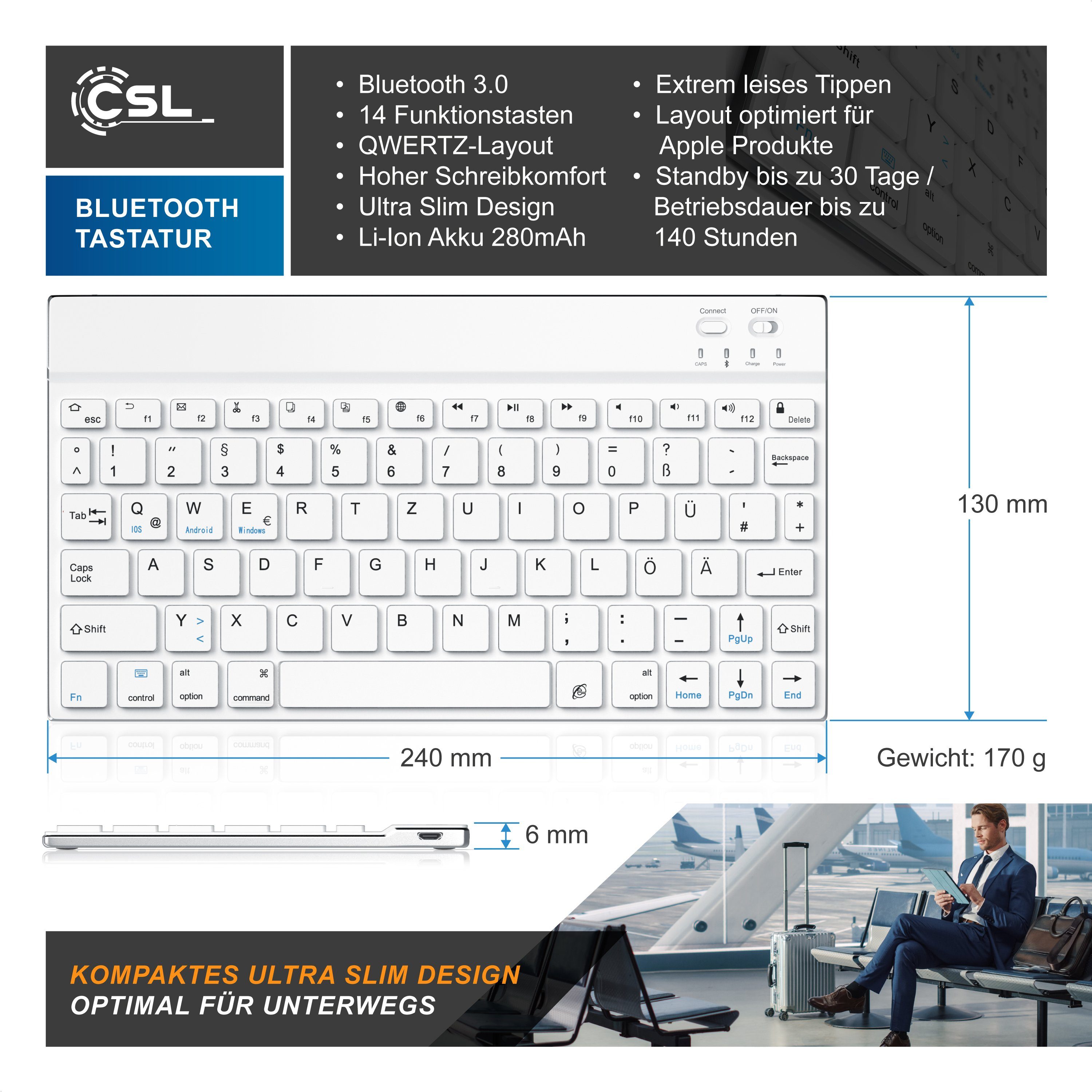 Slim Deutsches Alugehäuse, CSL Layout, Wireless-Tastatur BT 3.0) Keyboard, (Ultra weiß/silber Bluetooth,