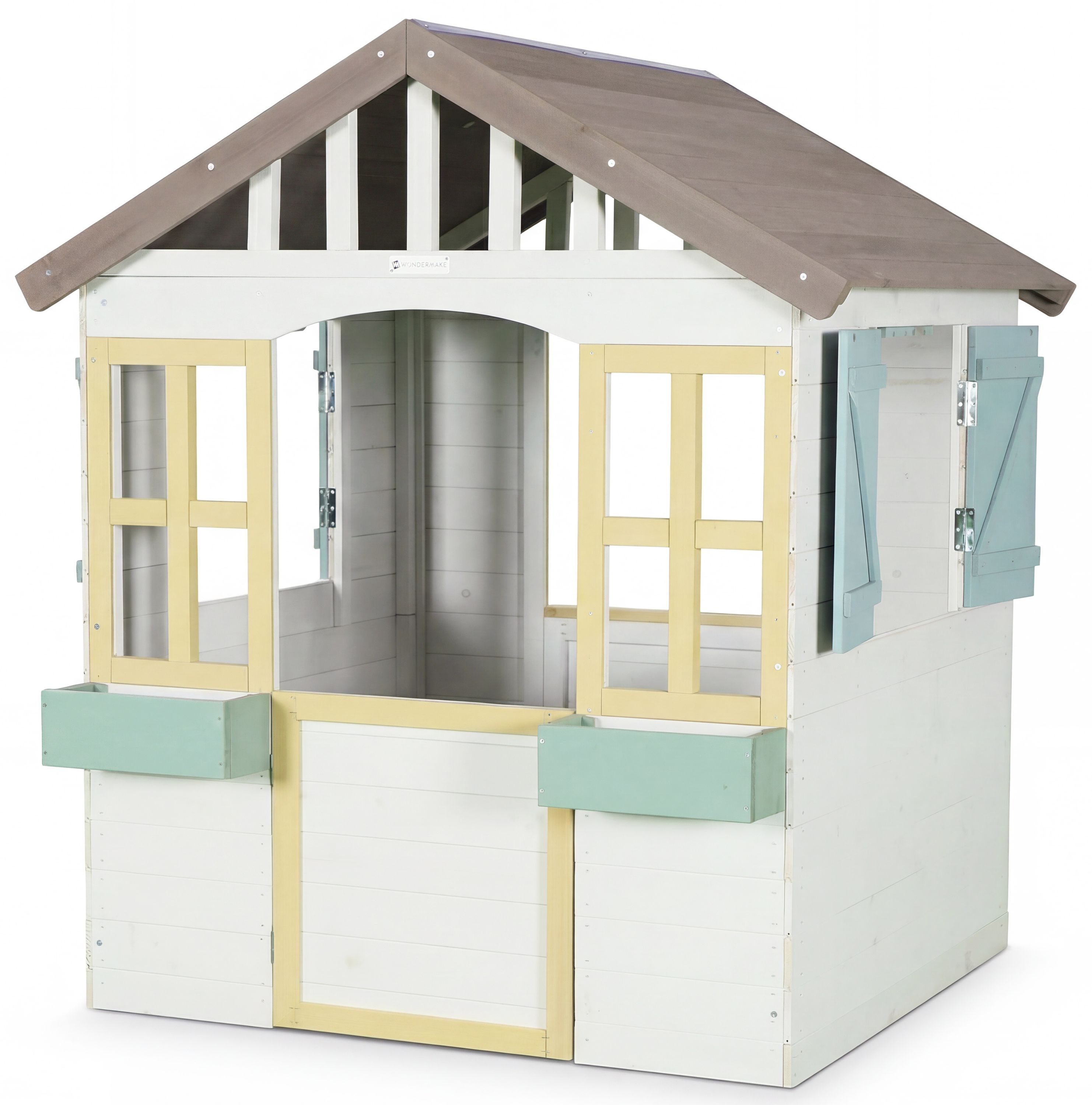 WONDERMAKE Spielhaus Kinder Holz mit Pflanzkästen magn. Tür+Fenster, Design Kinderspielhaus, Garten Outdoor draußen wetterfest klein hoch Gartenhaus weiß grau bunt