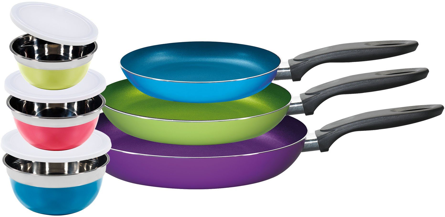 KING Pfannen-Set Küchenstart, Aluminium (Set, 9-tlg., 3 Schüsseln, 3 Kunststoffdeckel, 3 Pfannen), Induktion, Keramikbeschichtung