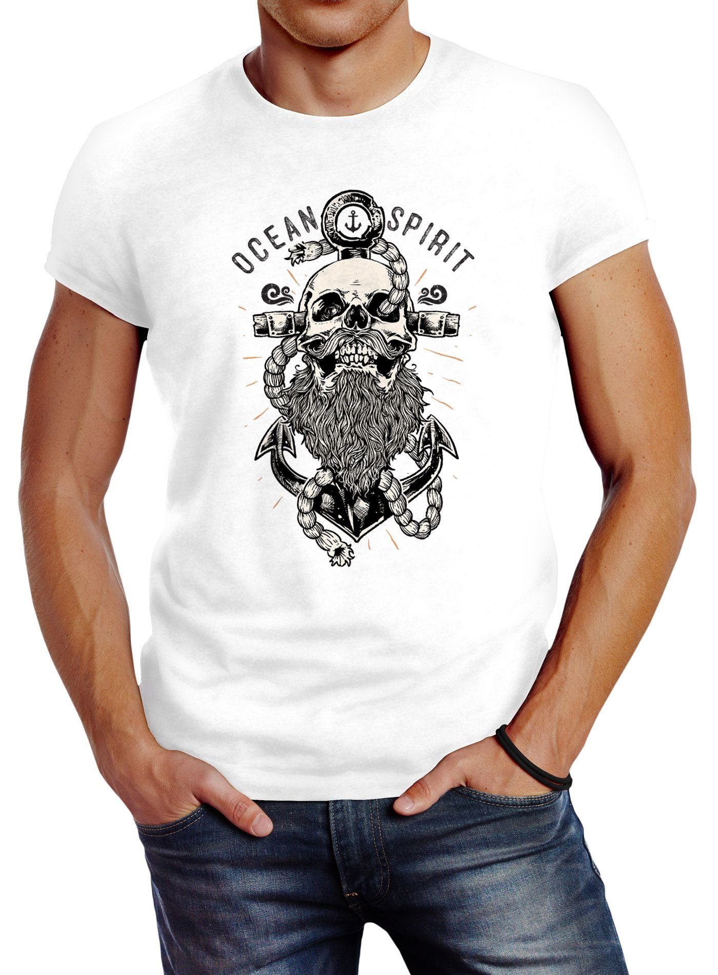 Neverless Print-Shirt Herren T-Shirt Skull Captain Anker Totenkopf Bart Kapitän Ocean Spirit Slim Fit Neverless® mit Print weiß